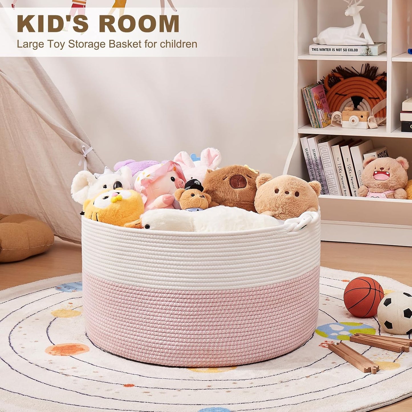 OIASKET Large Blanket Storage Basket for Living Room, 22.8" x 22.8" x 13" Woven Cotton Rope Basket with Handles, Baby Toy Storage, Laundry Hamper for Clothes, Pillows, Towels-Pink and White