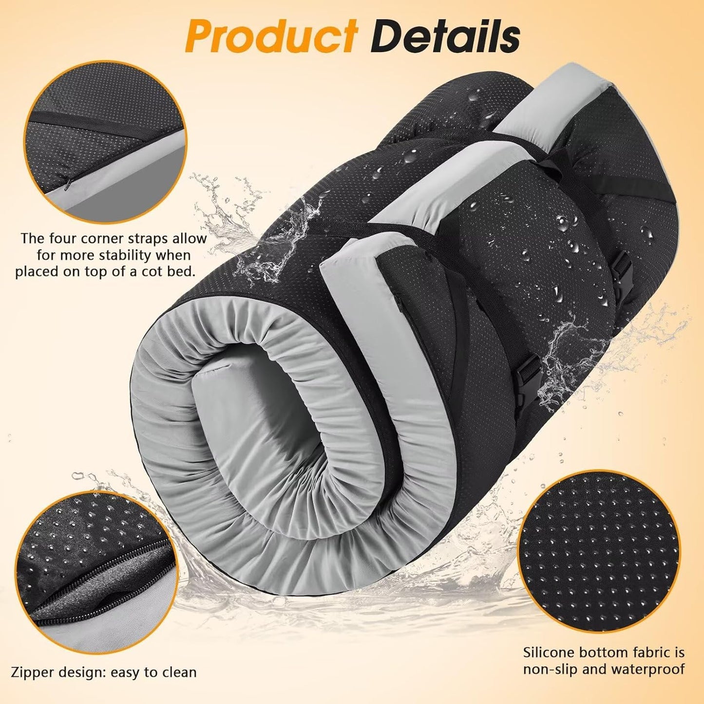 CYMULA Camping Cot Pad 2 Inch Memory Foam, Camping Pad for Folding Cot and Foldable Cot, Portable Roll Up Camp Gear for Car Camping Travel Tent, Non-Slip Waterproof Bottom, Removable Cover, Pad Only