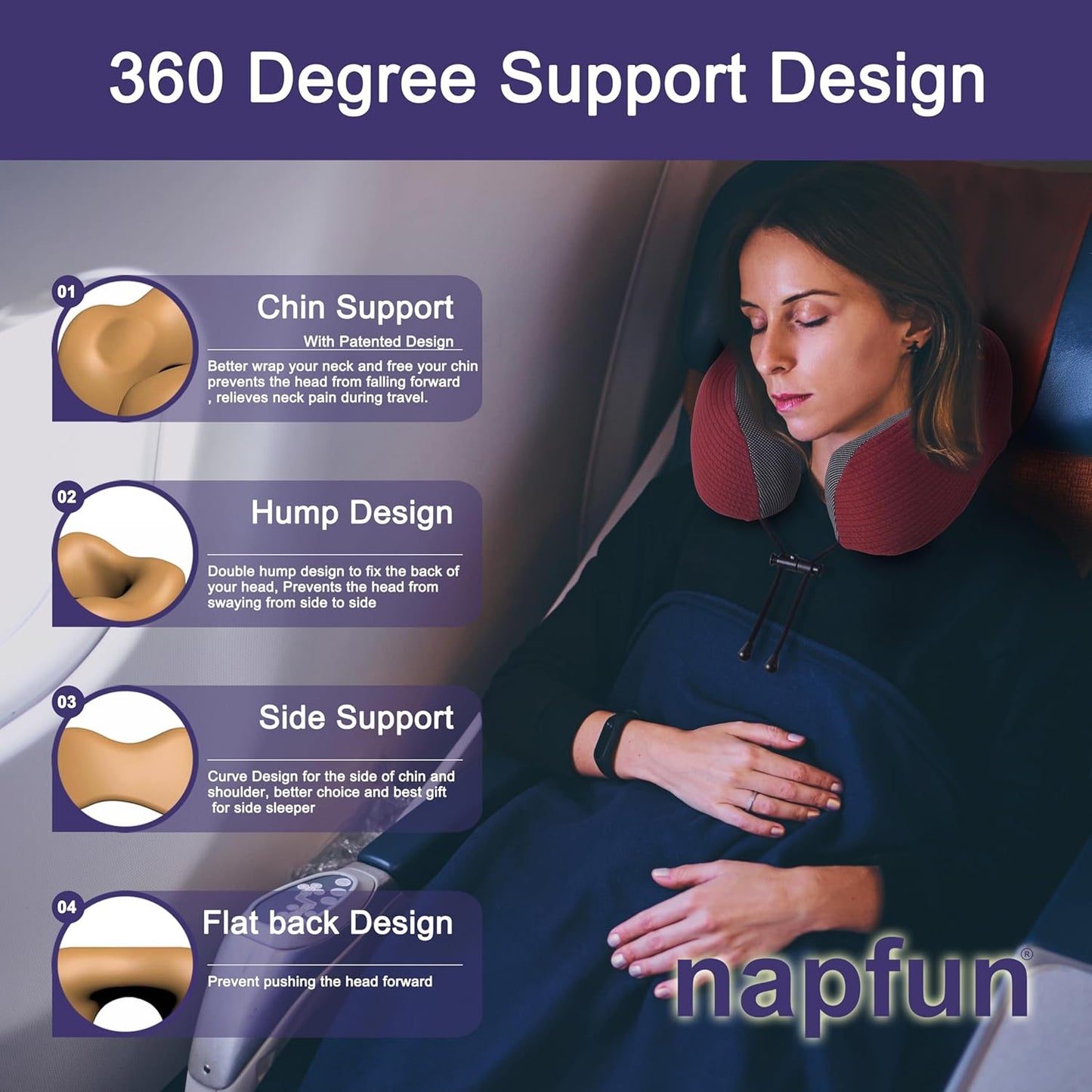 napfun Neck Pillow for Traveling, Upgraded Travel Neck Pillow for Airplane 100% Pure Memory Foam Travel Pillow for Flight Headrest Sleep, Portable Plane Accessories, Burgundy