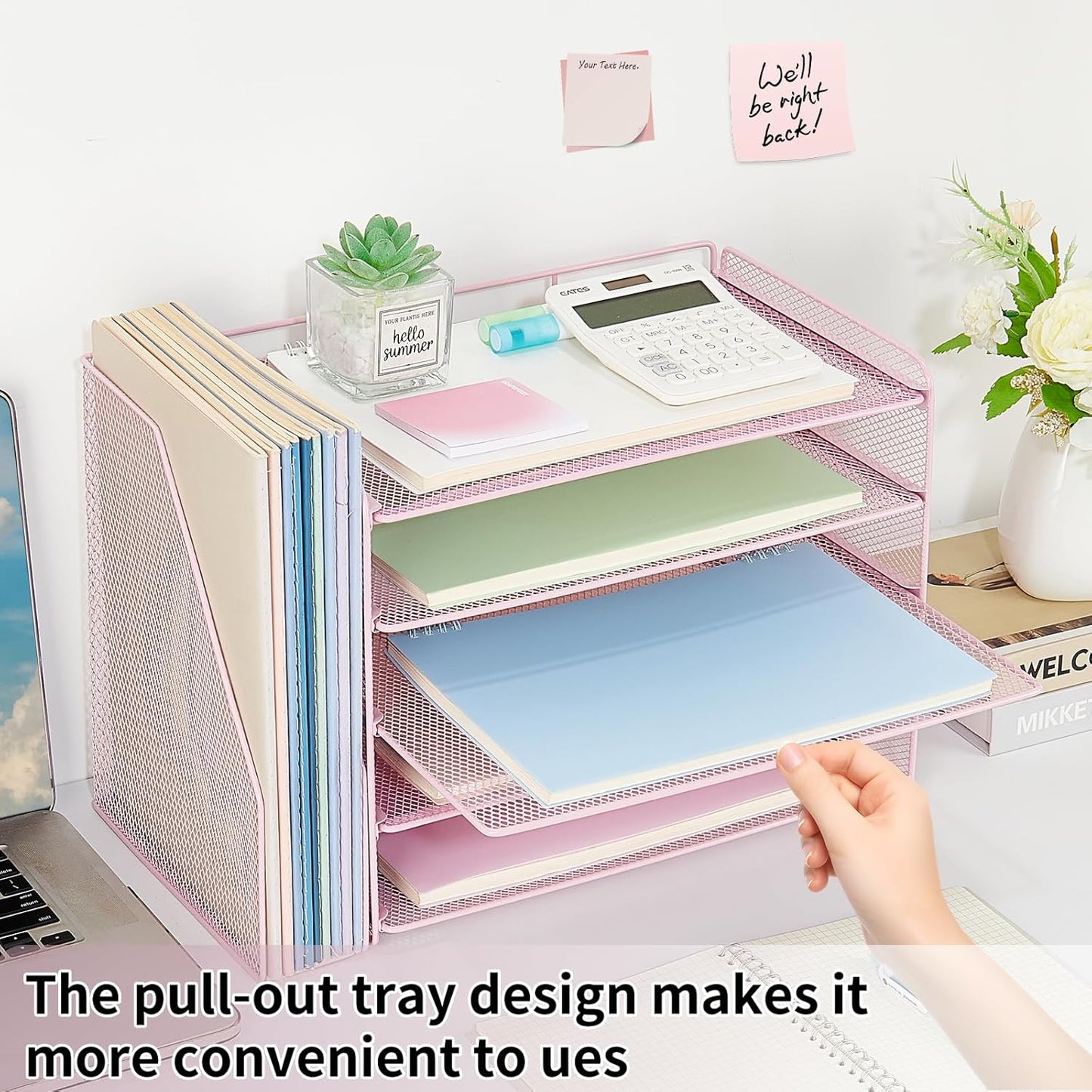 OPNICE Desk Organizer, 5-Tier Paper Organizer Letter Tray with Magazine Holder, Office Desk Accessories & Workspace Organizers, Desktop File Organizer for Office Supplies Storage, Pink