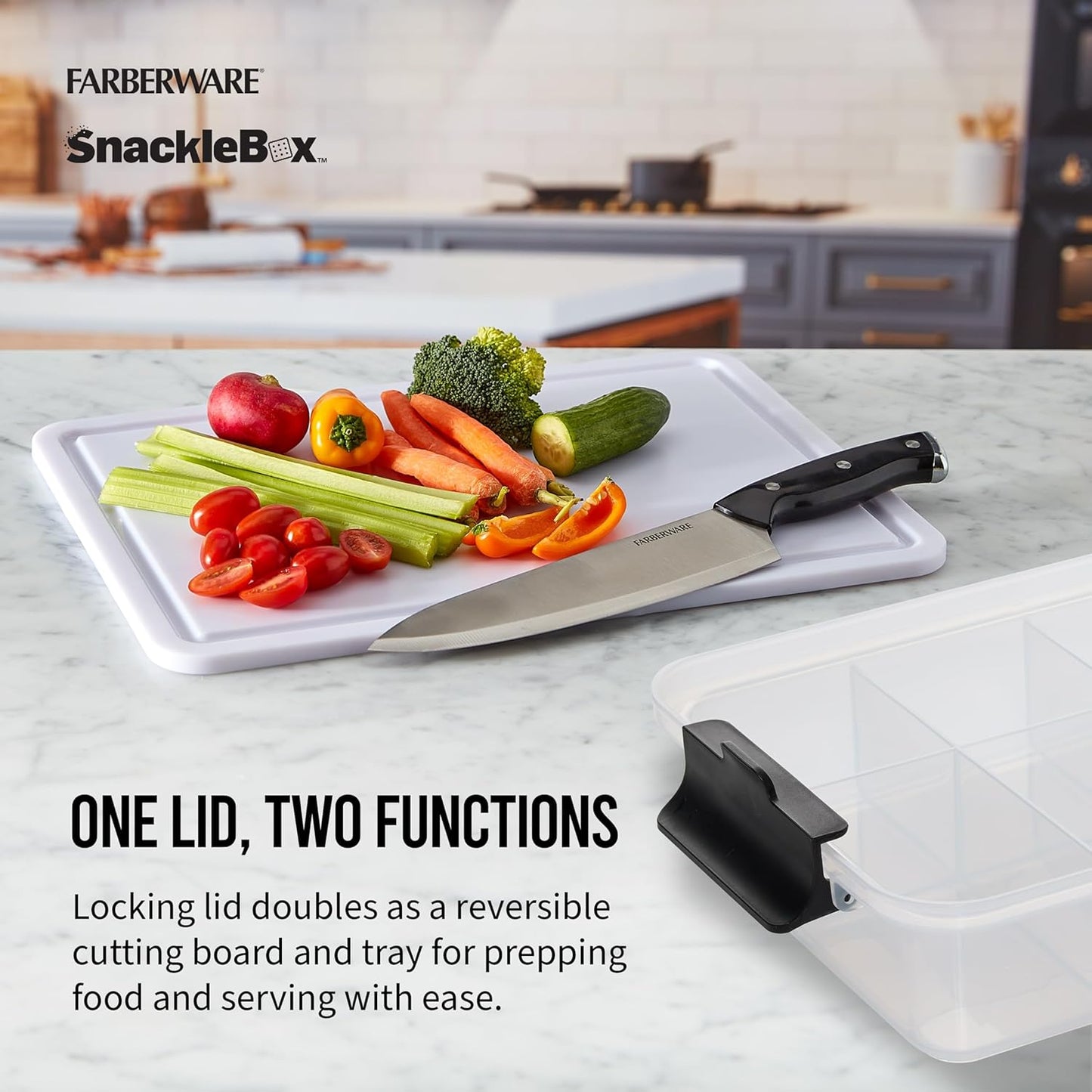 Farberware Small Build-a-Board Snacklebox with Locking Plastic Cutting Board Lid, Portable Charcuterie Storage with 7 Compartments
