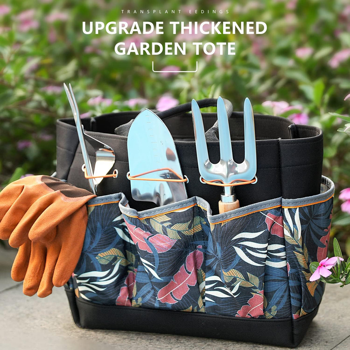 Grenebo 9-Piece Gardening Tools Set with Fashion Handbag, Black Orange