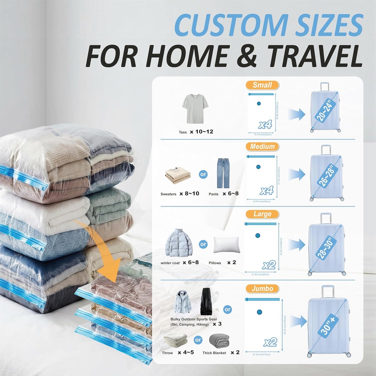 Cozy Essential Travel Vacuum Storage Bags with Rechargeable Cordless USB Pump, Space Saver Bags for Luggage, Suitcase, Carry-On, for Clothes, Blankets, Bedding & Seasonal Storage,12 Combo