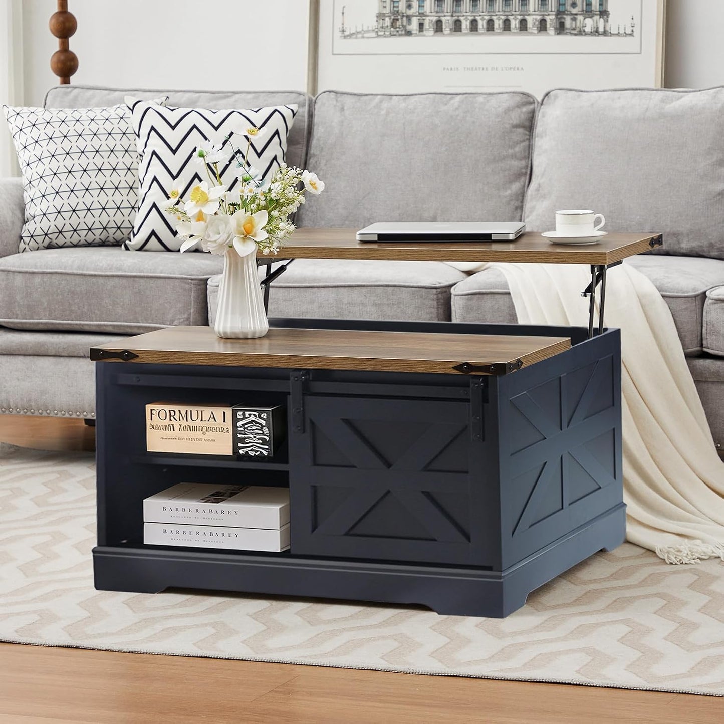 Farmhouse Lift Top Coffee Table, Wood Square Coffee Table with Sliding Barn Door and Adjustable Shelf Rustic Center Table with Hidden Storage Compartment for Living Room, Black