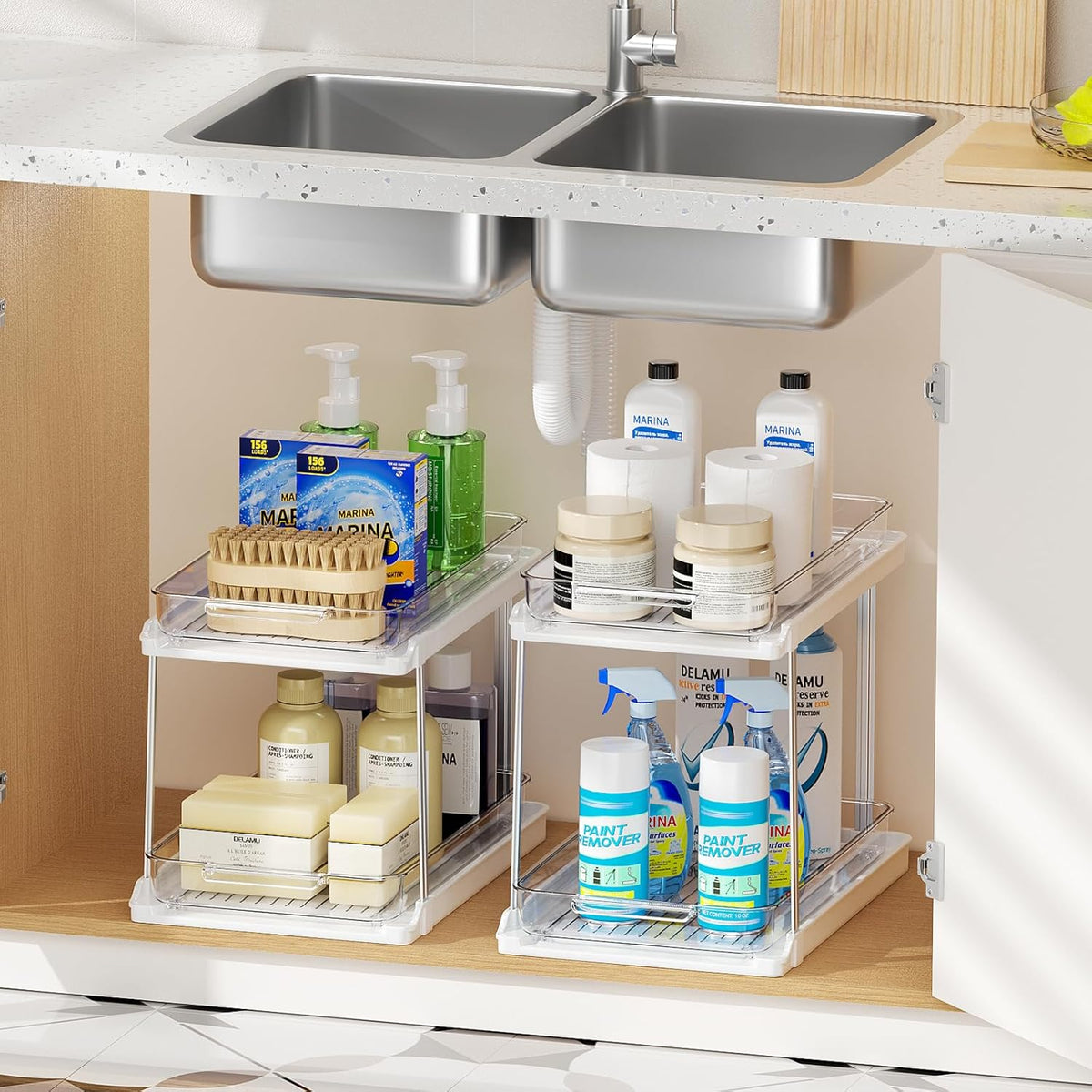 Delamu 2-Tier Bathroom Under Sink Organizers and Storage, Pull Out Cabinet Drawers with Anti-Slip Design, Multi-Purpose Storage for Kitchen, Pantry, Bathroom & Home Organization, White, 4 Pack
