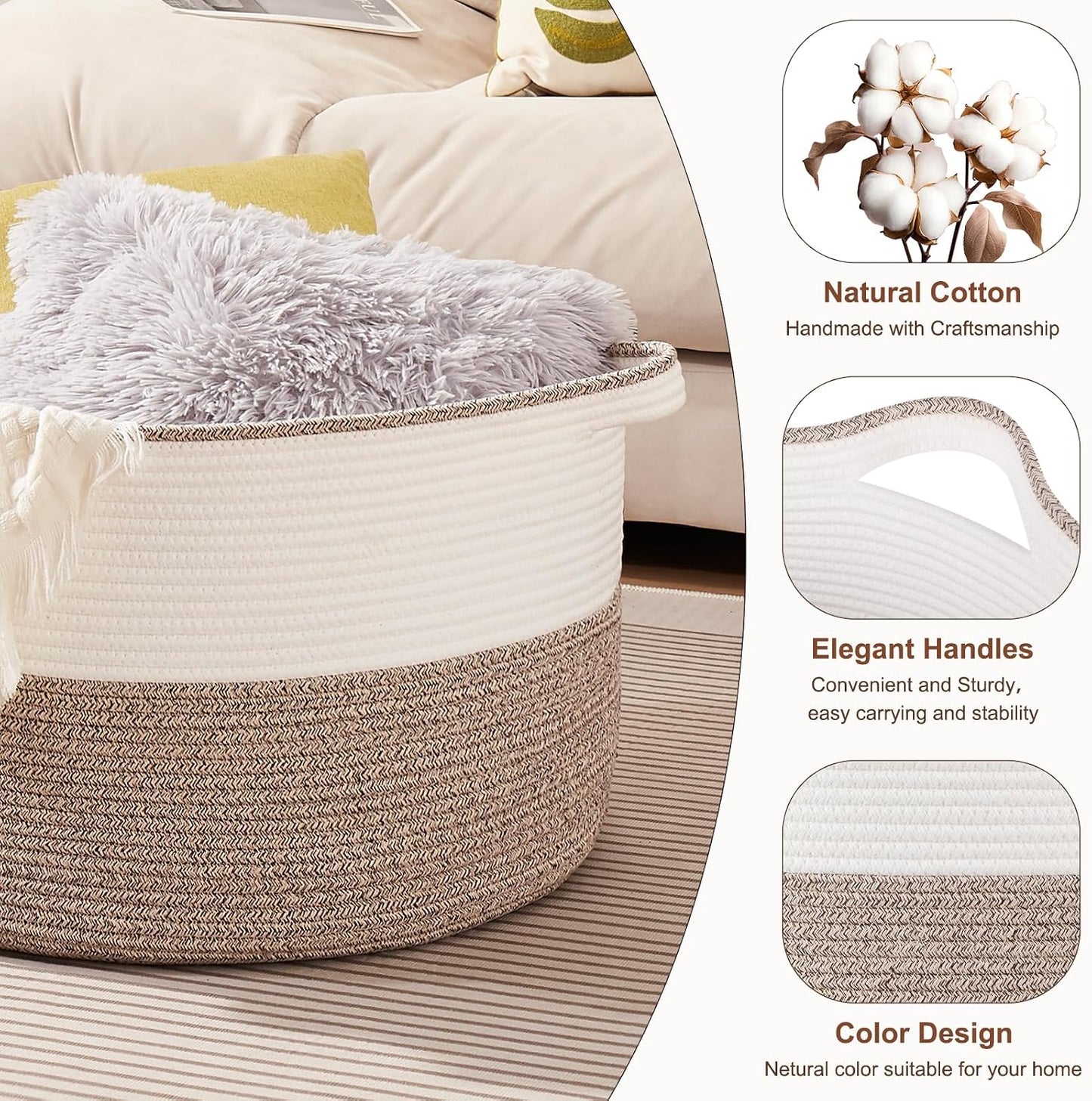 OIASKET Large Blanket Basket with Handles, 22.8" x 22.8" x 13" Woven Storage Basket for Living Room, Cotton Rope Baby Toy Storage for Clothes, Pillows, Towels-Brown & White