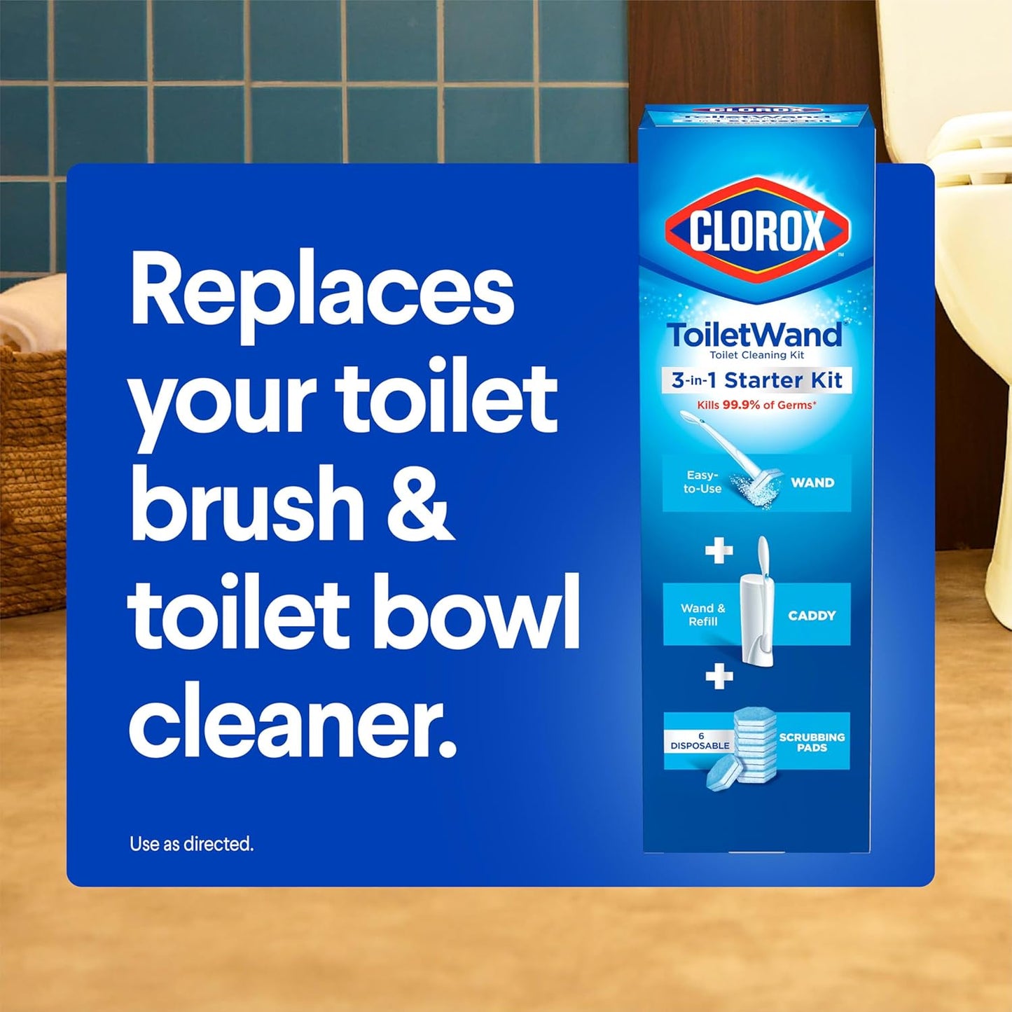 Clorox ToiletWand Disposable Toilet Cleaning System, Kills 99.9% of Germs and Viruses, Wand, Caddy and 6 Refill Heads