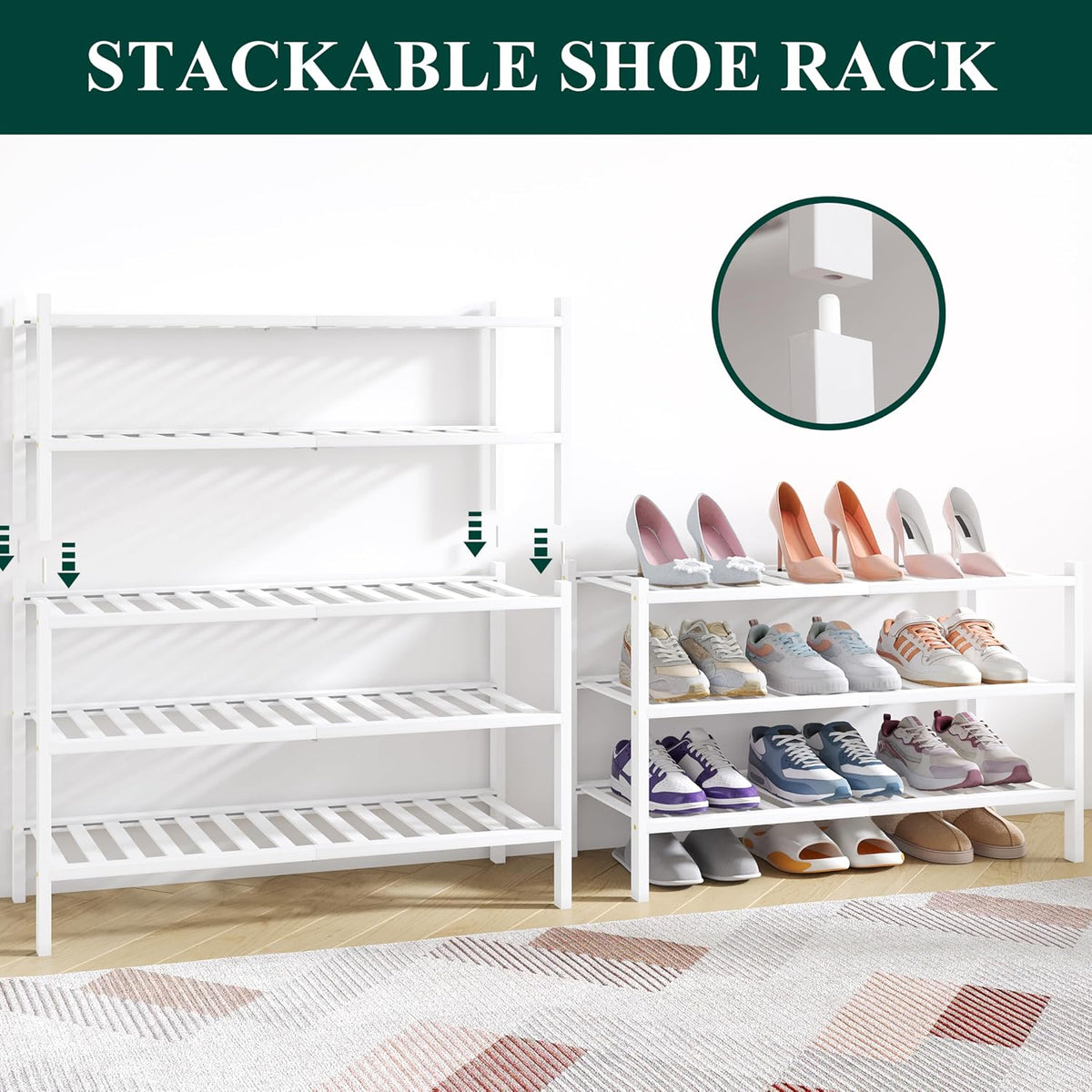 Smiry Bamboo Shoe Rack for Closet, 5 Tier - 26.77" Wide, White