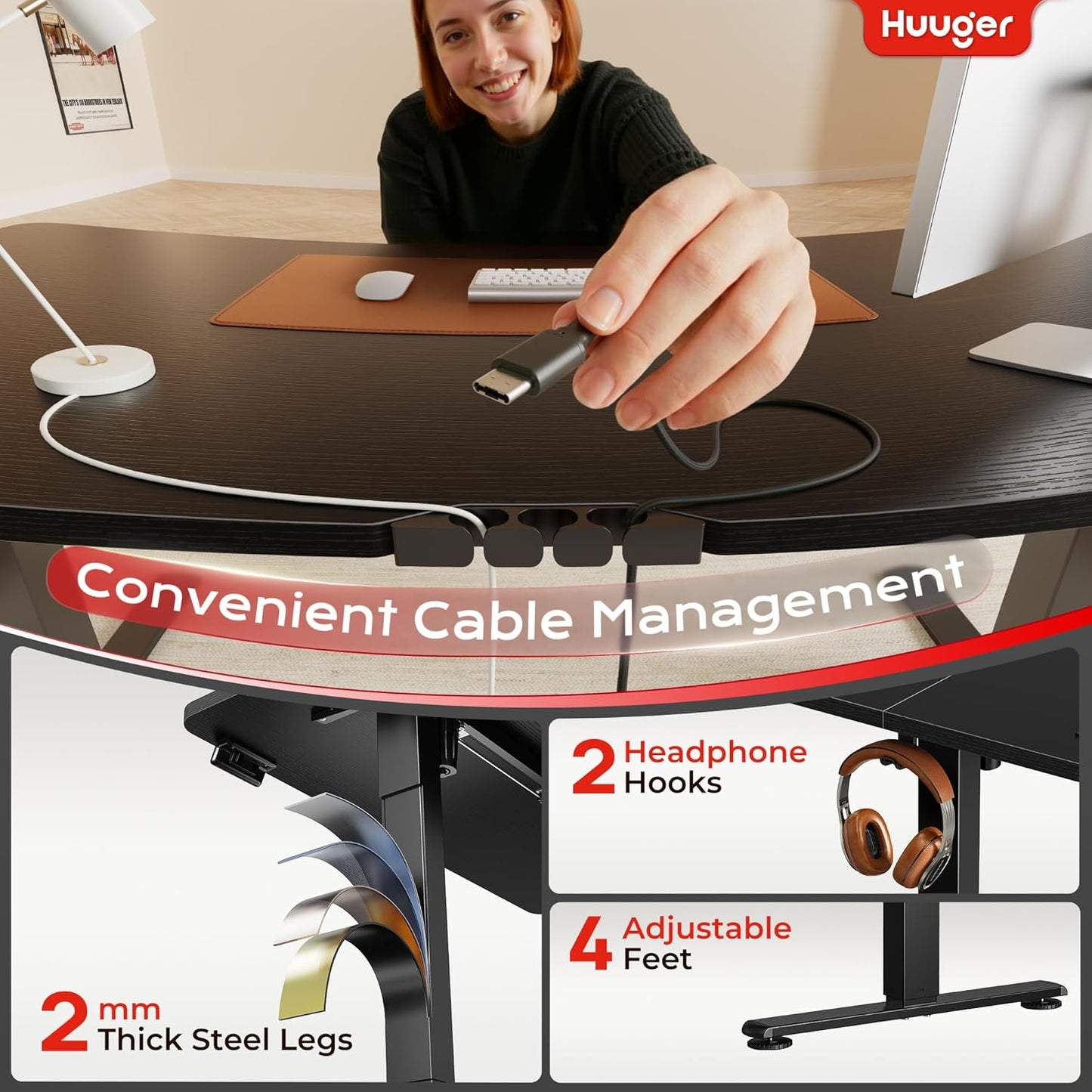 Huuger Electric Standing Desk with Power Outlets and USB-C Port, 47 X 24 Inch Height Adjustable Desk, Sit Stand Desk for Home Office, Computer & Gaming Desk with 4 Presets, Stable Steel Frame, Black