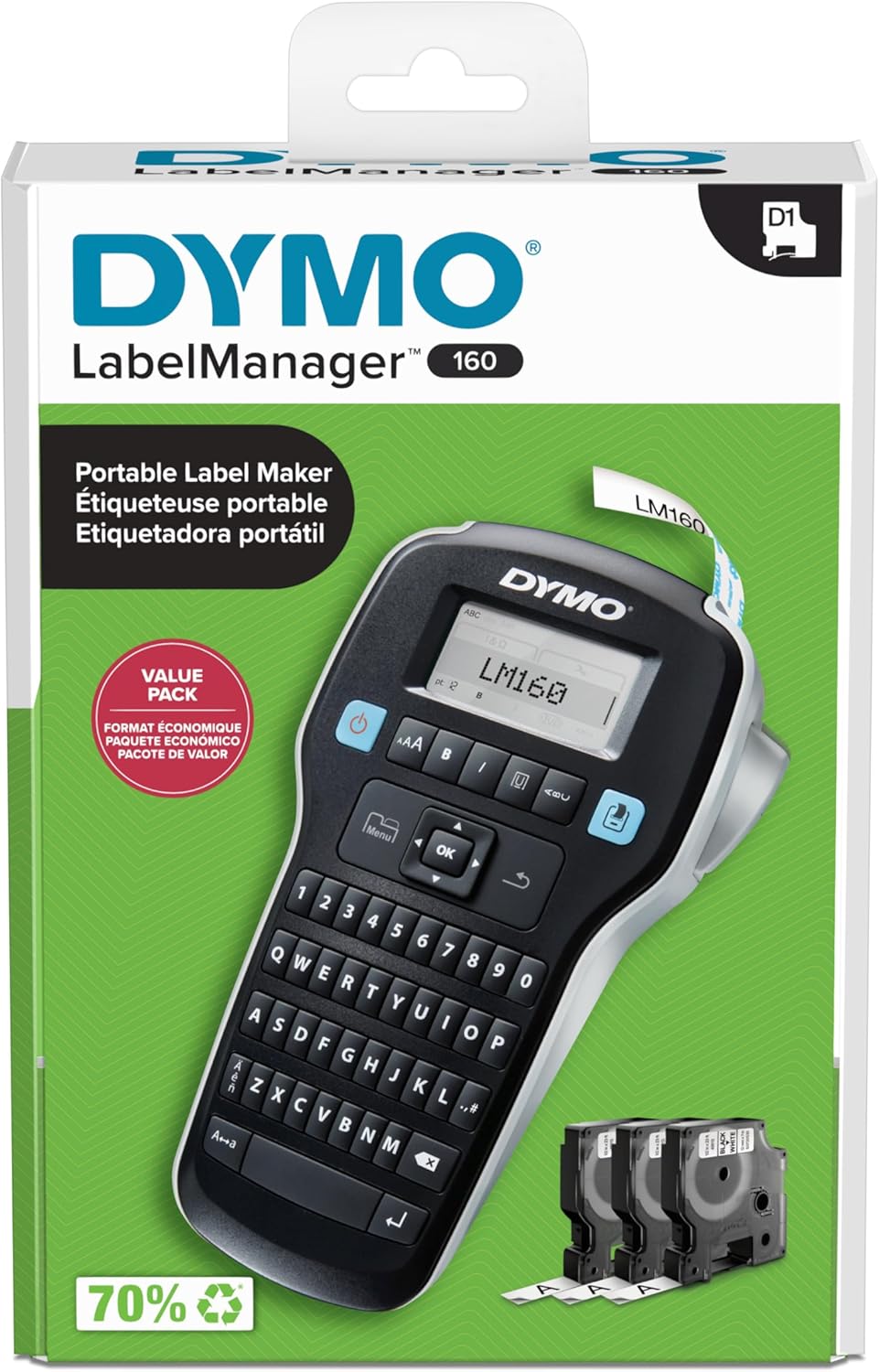 DYMO LabelManager 160 Label Maker Bundle with 3 D1 Label Cassettes, Portable Handheld, QWERTY Keyboard, One-Touch Smart Keys, Large Display, Home & Office Organization