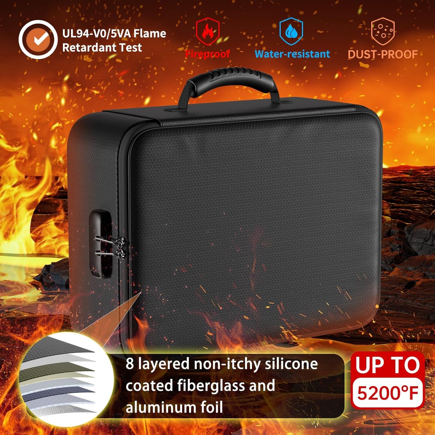 DocSafe 5200°F Document Organizer with Lock, Upgraded Heat Insulated Fireproof＆Water-Resistant Box 8 Layers File Organizer, Portable Home Travel Safe Storage for Important Documents and More