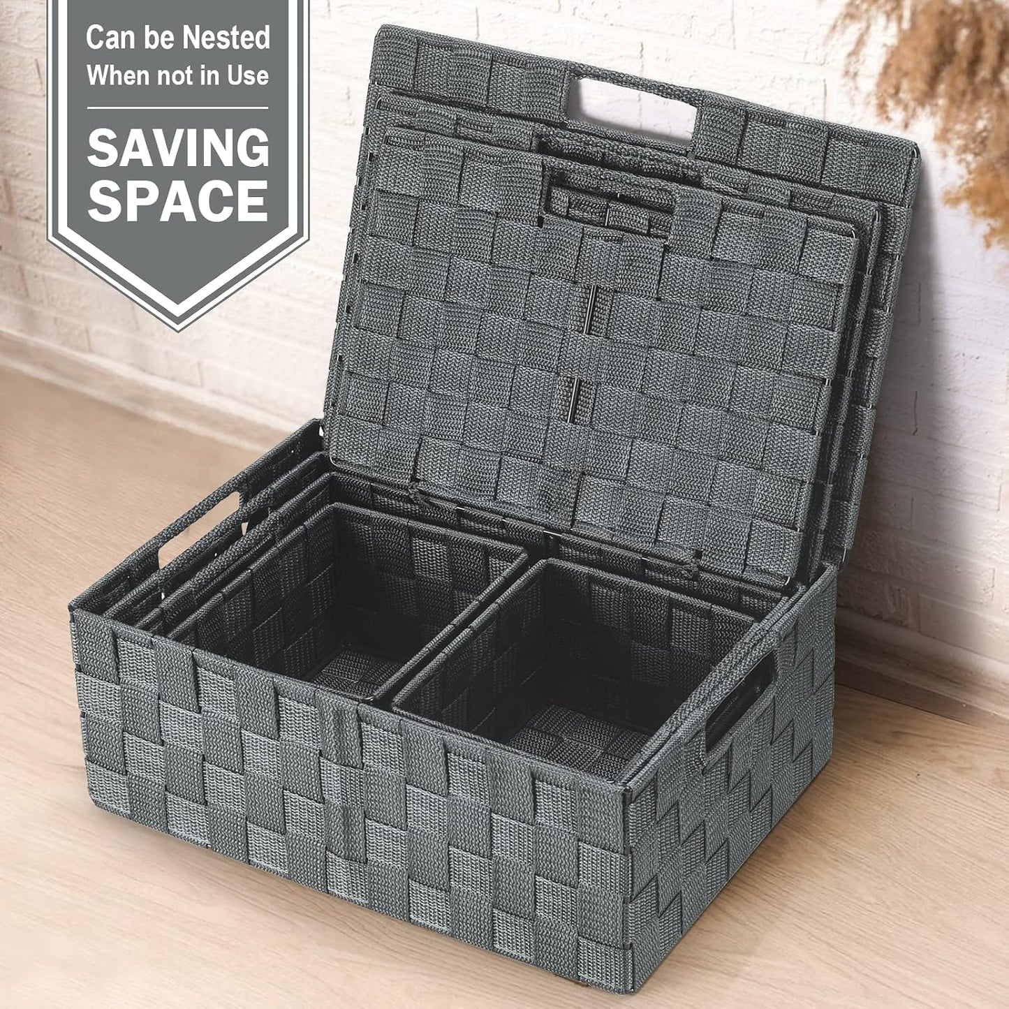 Storage Baskets with Lids: 5 Pack Stackable Woven Storage Bins, Grey