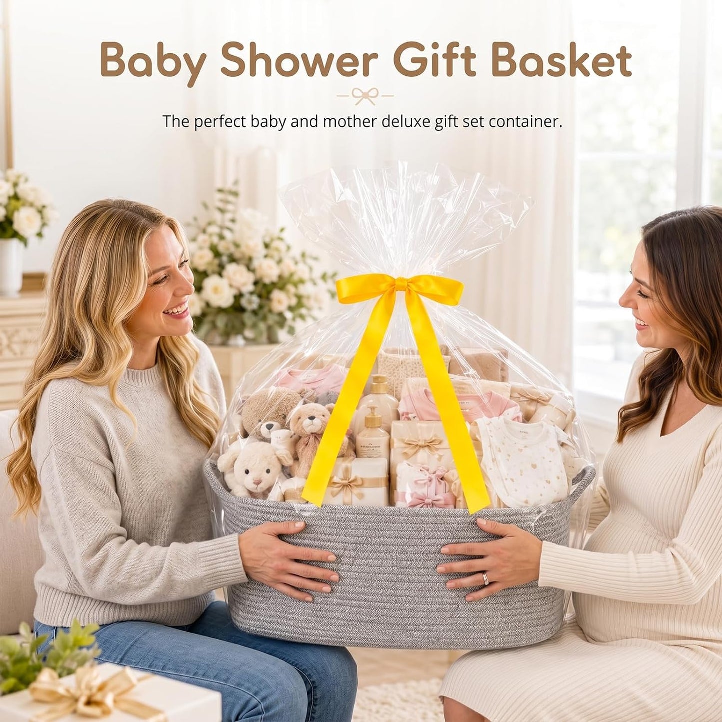 OIASKET Large Empty Cotton Rope Gift Basket with Handles, 16.5"x12.6"x7" Decorative Woven Storage Basket with Gift Bag and Ribbon Set for Baby Shower, Toy Organizer for Kids, Dogs & Cats - Grey