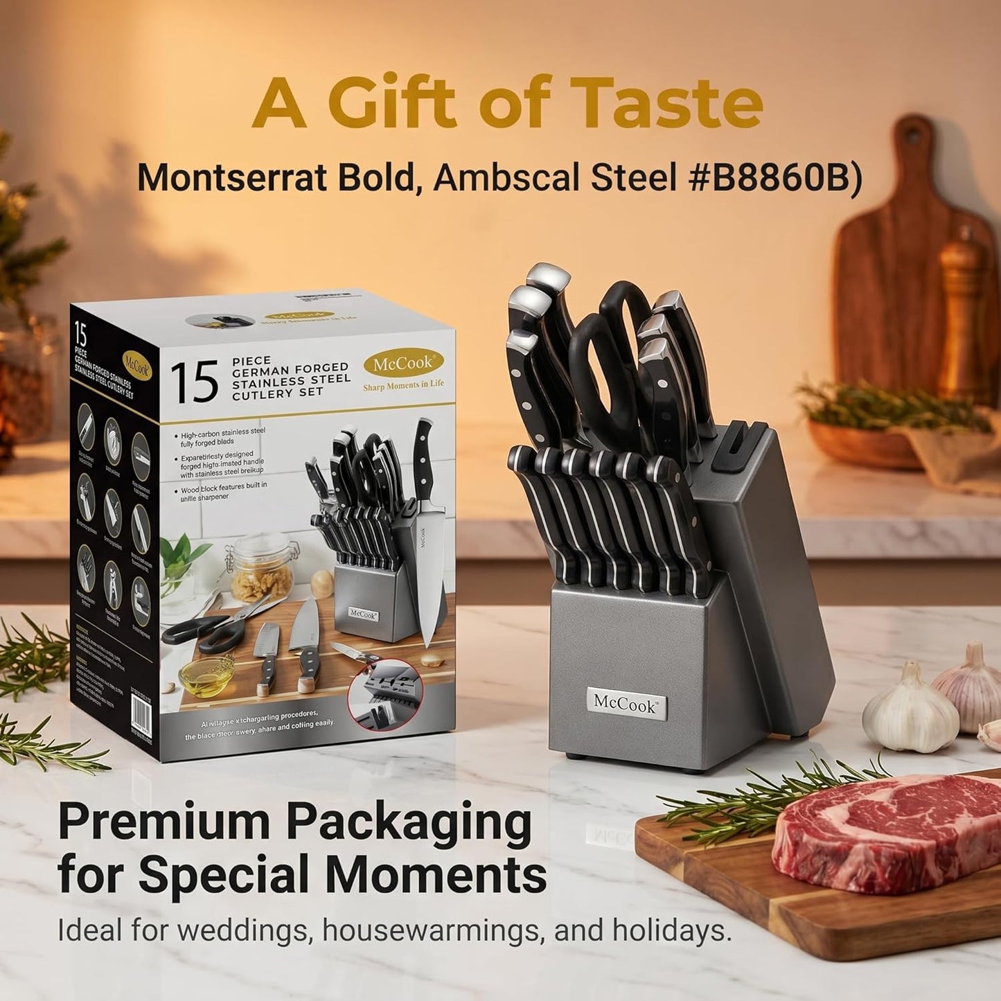 McCook® Knife Sets,German Stainless Steel Kitchen Knife Block Set with Built-in Sharpener