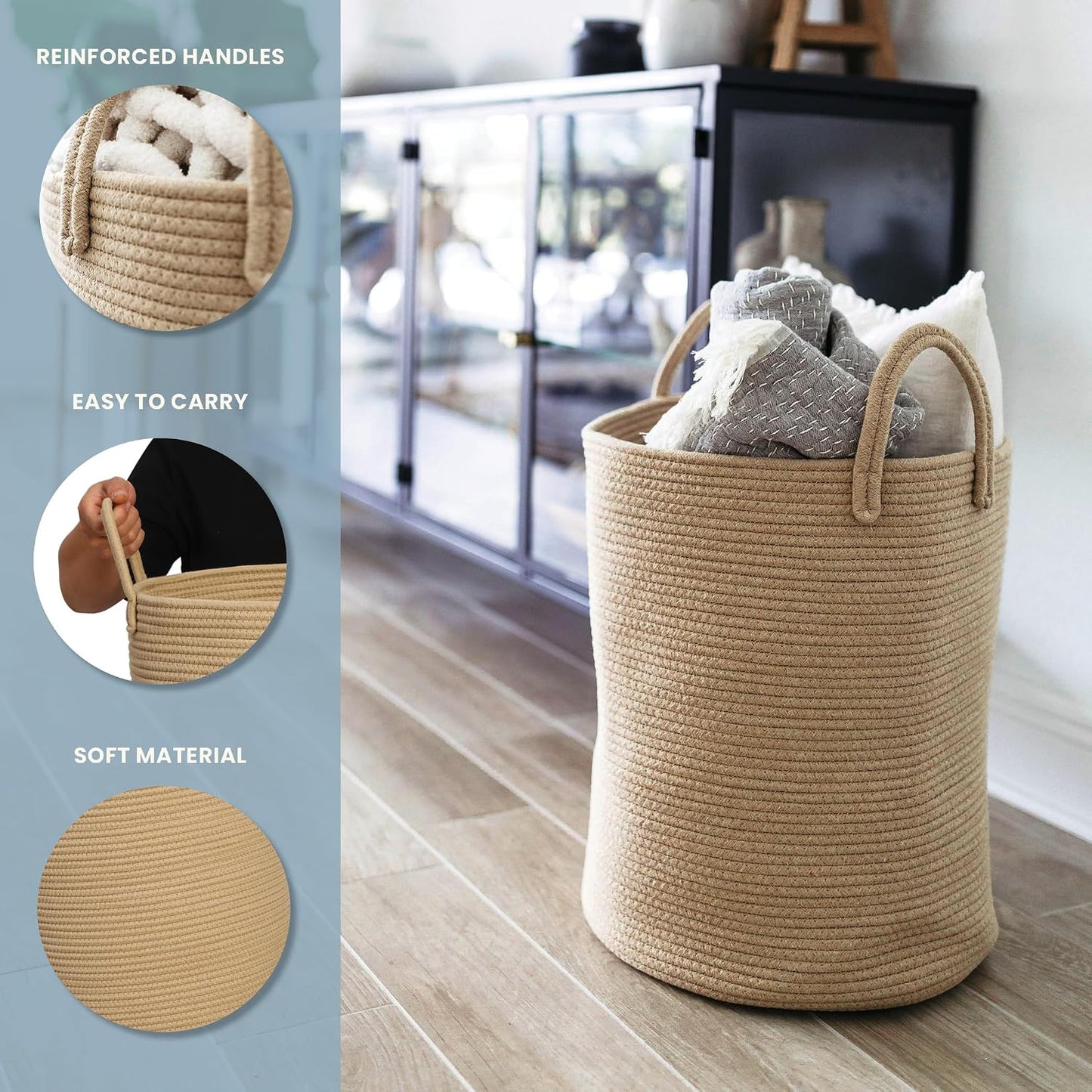 OrganiHaus Tall Cotton Rope Laundry Basket & Hamper, Blanket Storage 52L | Full Honey - Tall Cotton Rope Hamper, 52L