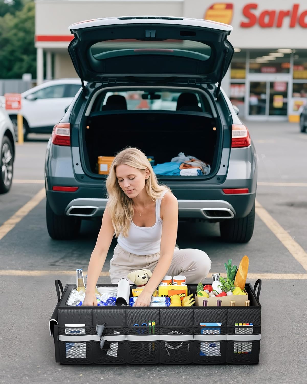 HOTOR Trunk Organizer - Car Organizer with Built-In Leakproof Car Cooler, Collapsible Trunk Organizer with Cooler for Car, SUV, Sedan, with Base Panel (3 Compartments, Black),31.9"×12.6"×10.6"