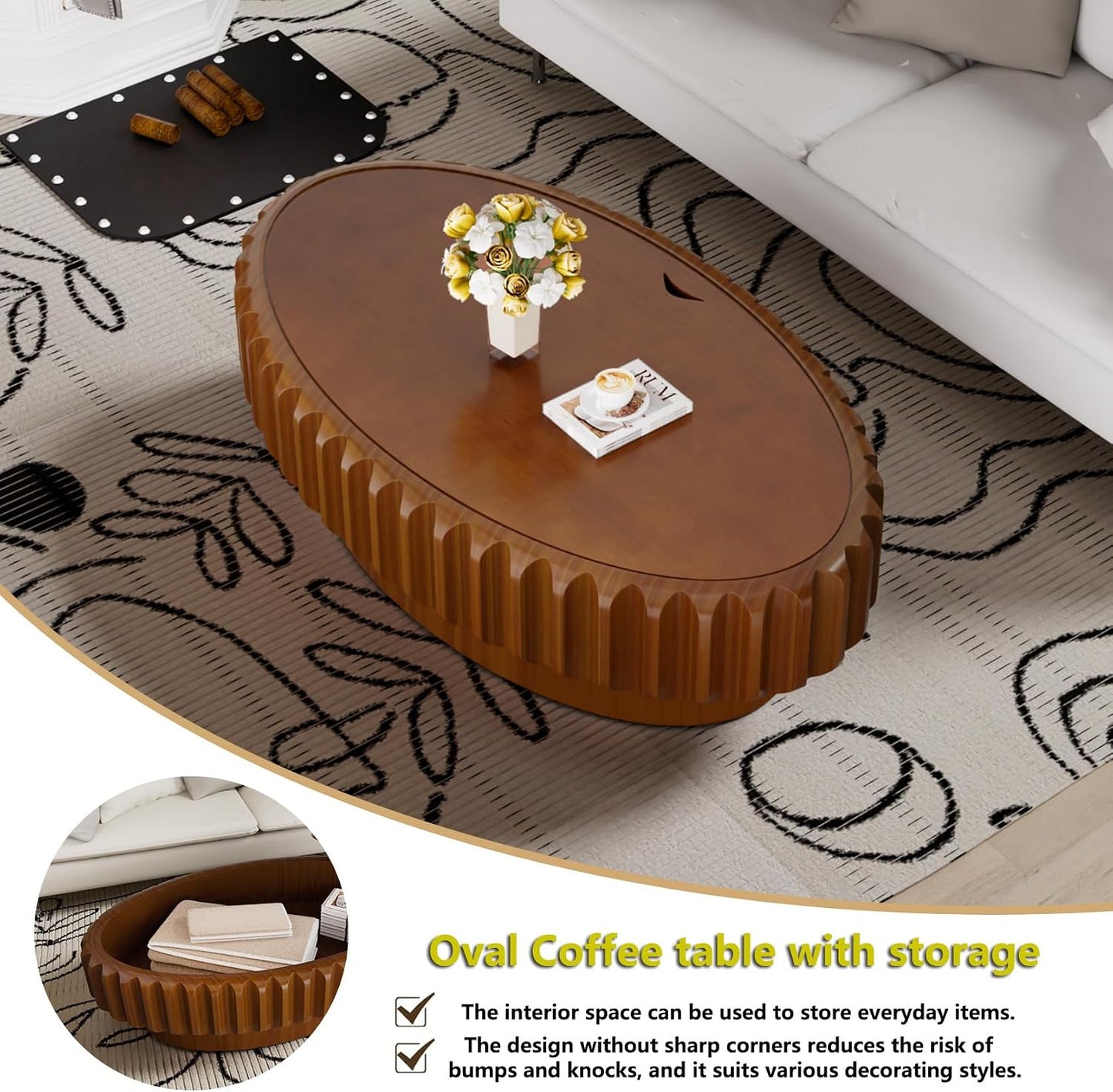 Oval Fluted Coffee Table with Storage Handcraft Drum Coffee Table with Sturdy Pedestal, Farmhouse Mid Century Modern Center Tables for Living Room Reception Room (O)