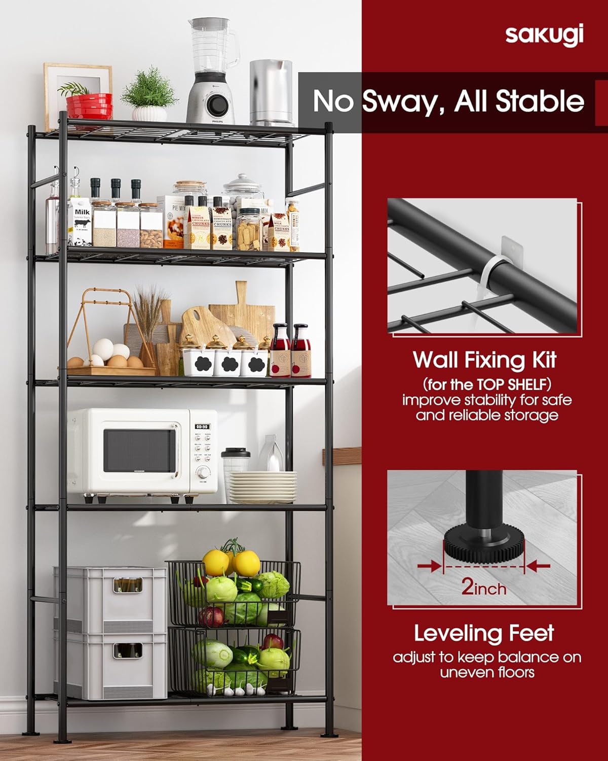 Sakugi Storage Shelves - 5 Tier Shelf Organizer, Heavy Duty Garage Shelving Unit with Leveling Feet, Stable Metal Shelves Organizer for Pantry, Kitchen and Closet, 33.0" W x 12.6" D x 72.0" H, Black