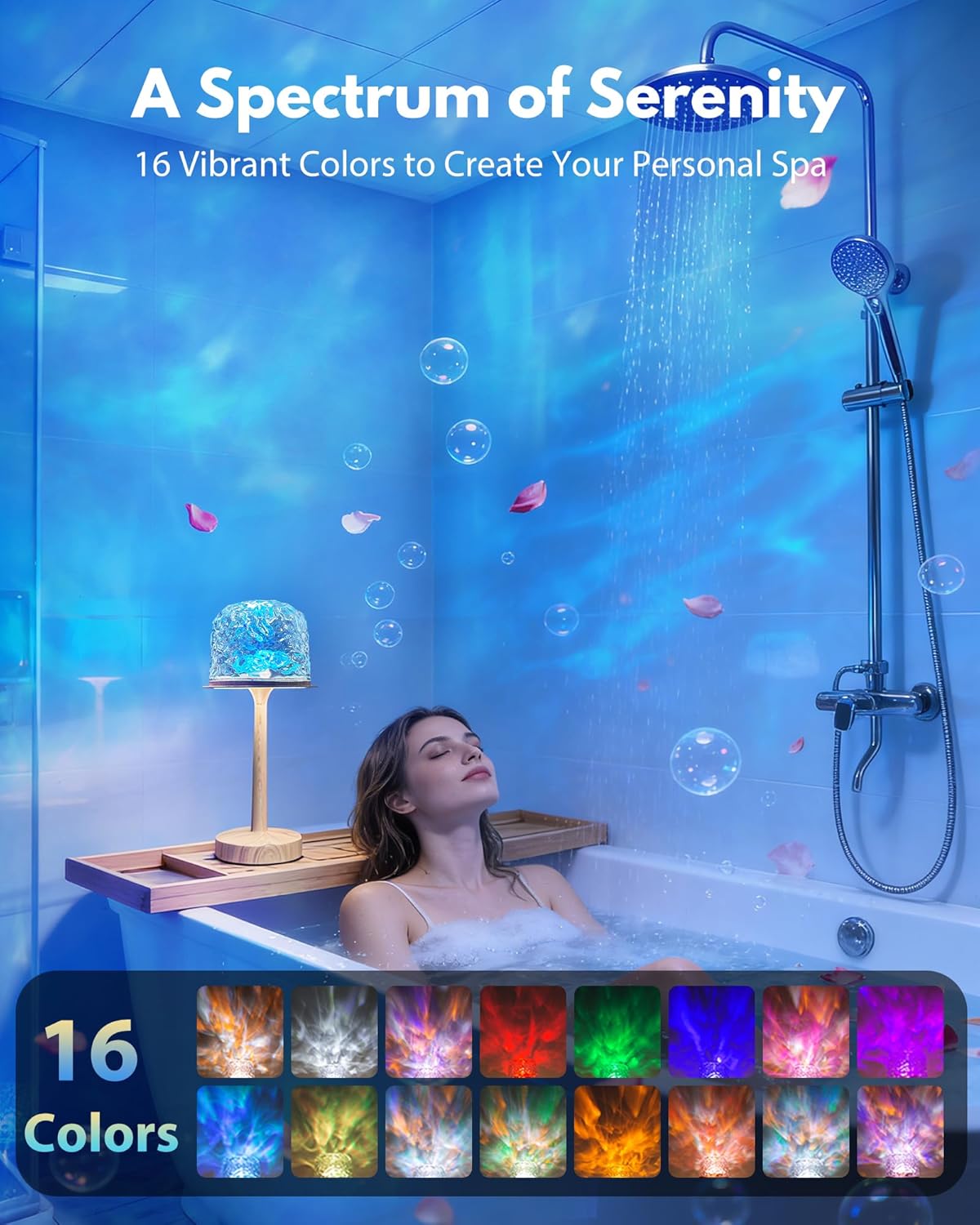 Shower Lamp - Waterproof Bathroom Lamp with 16 Color Ocean Wave Projector, Cordless Light for Inside Shower/Bathtub Bedroom Living Room Kitchen Decor (Wood Grain)