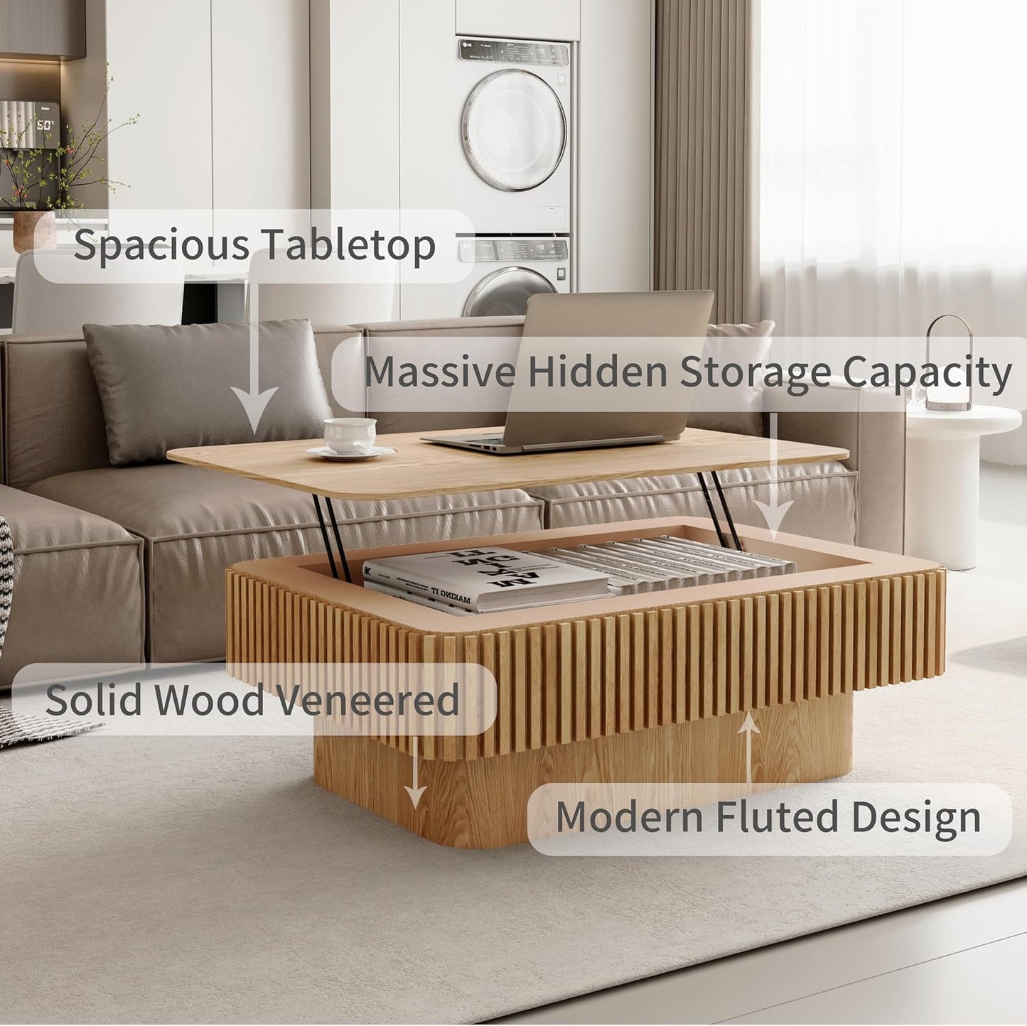 38.6'' Lift Top Coffee Table with Hidden Compartment, Modern Rectangular Fluted Wooden Center Table Cocktail Tea Table with Storage and Adjustable Height for Living Room Apartment,Natural