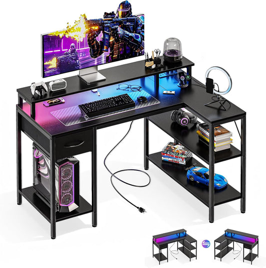 DUMOS 47" Gaming Desk with USB Charging Ports & LED Lights, Reversible L-Shaped Corner Computer Table for Small Spaces, Power Outlets, Monitor Stand & Storage Shelves Included, Black