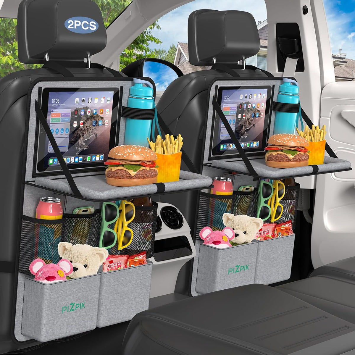 Plzpik Car Backseat Organizer with Tablet Holder,11 Storage Pockets with Foldable Food Tray, Protector Kick Mats for Kids, Travel Accessories Organizer (Black, 2Pack)