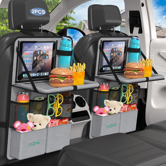 Plzpik Car Backseat Organizer with Tablet Holder,11 Storage Pockets with Foldable Food Tray, Protector Kick Mats for Kids, Travel Accessories Organizer (Gray, 2Pack with Food Tray)