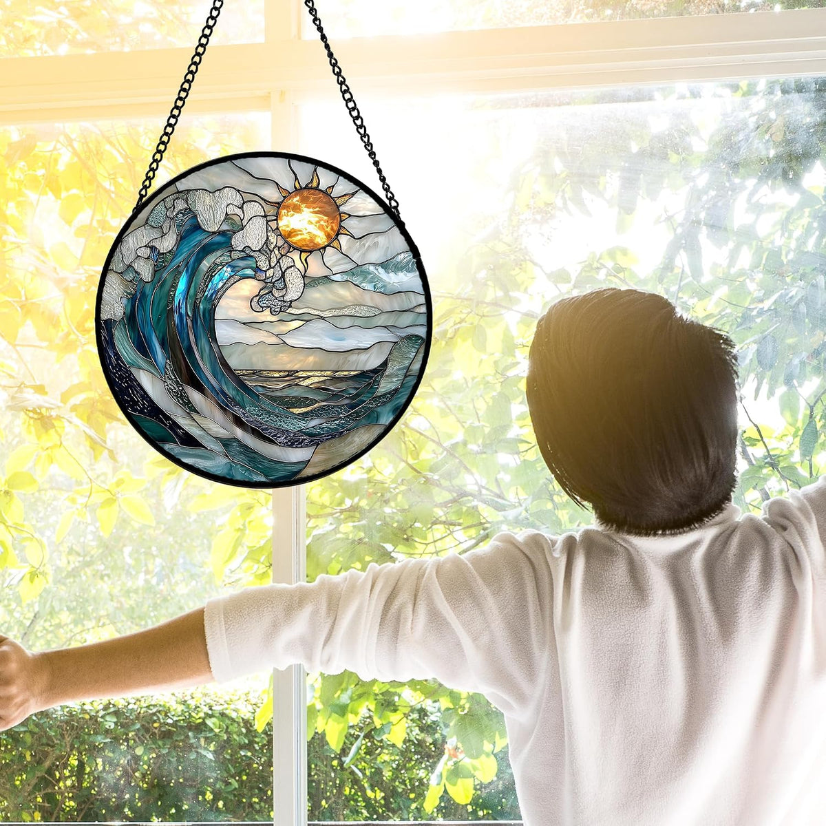 Blue and White Waves Stained Glass Window Hanging Suncatcher Gifts 12"