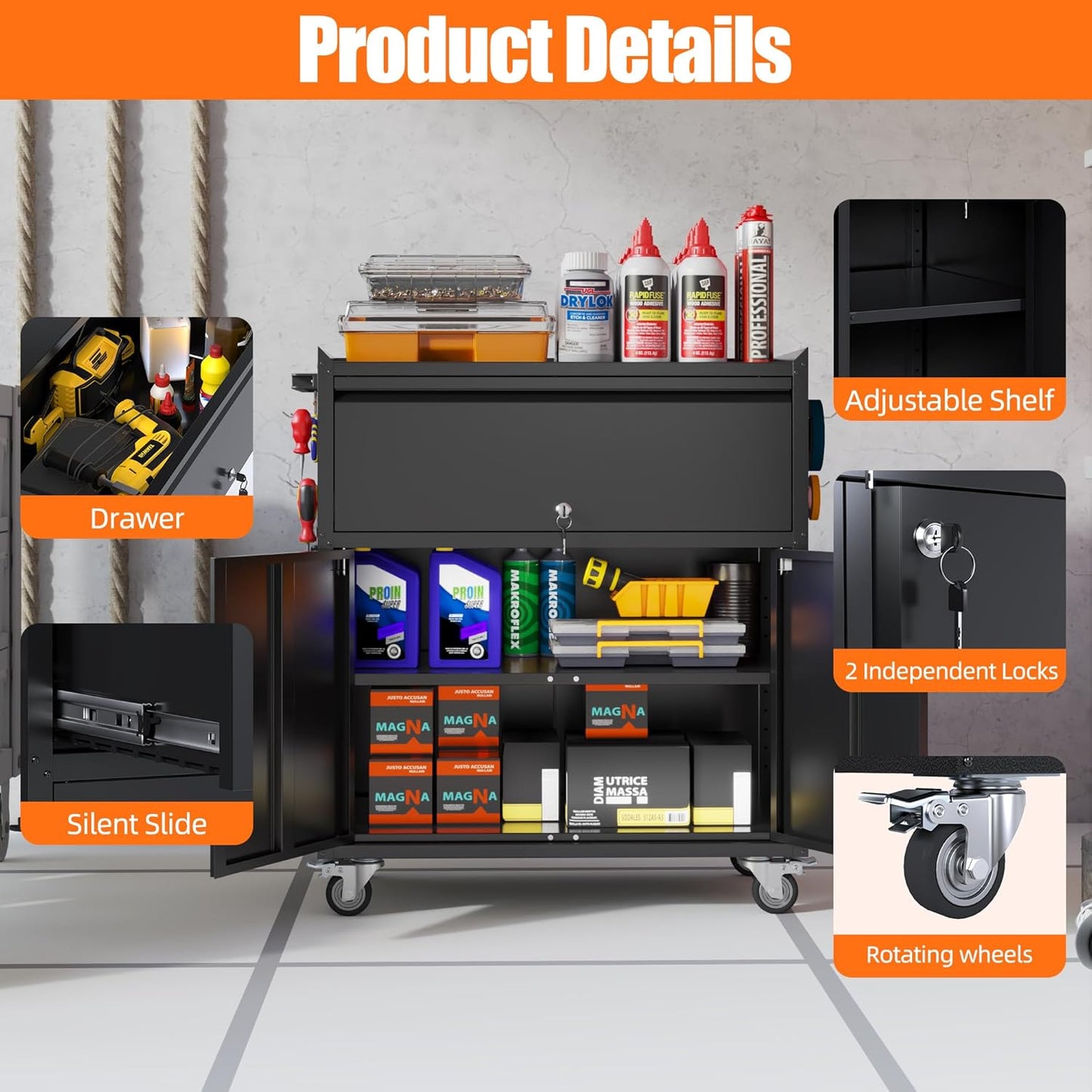 Aobabo Metal Garage Cabinet on Wheels with 1 Drawer,Assembly Required | 18.11"D x 30.31"W x 35.43"H with pegboard, 4 hooks, lockable drawer and doors, adjustable shelf, handle, and 4 casters