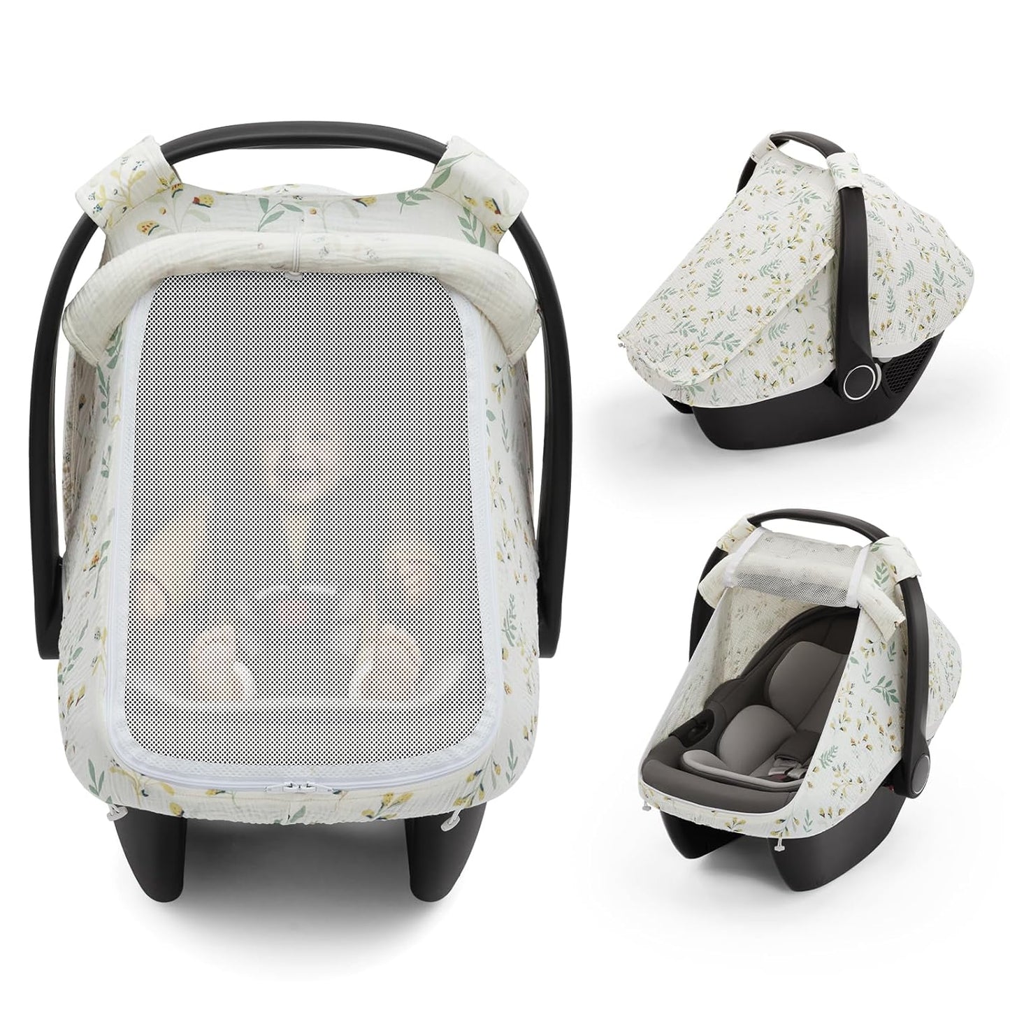 Blissful Diary Baby Car Seat Cover, Extra Large Mesh Window, Breathable Muslin Cotton, Infant Windproof Canopy, Must-Have Baby Gift - Roman Green