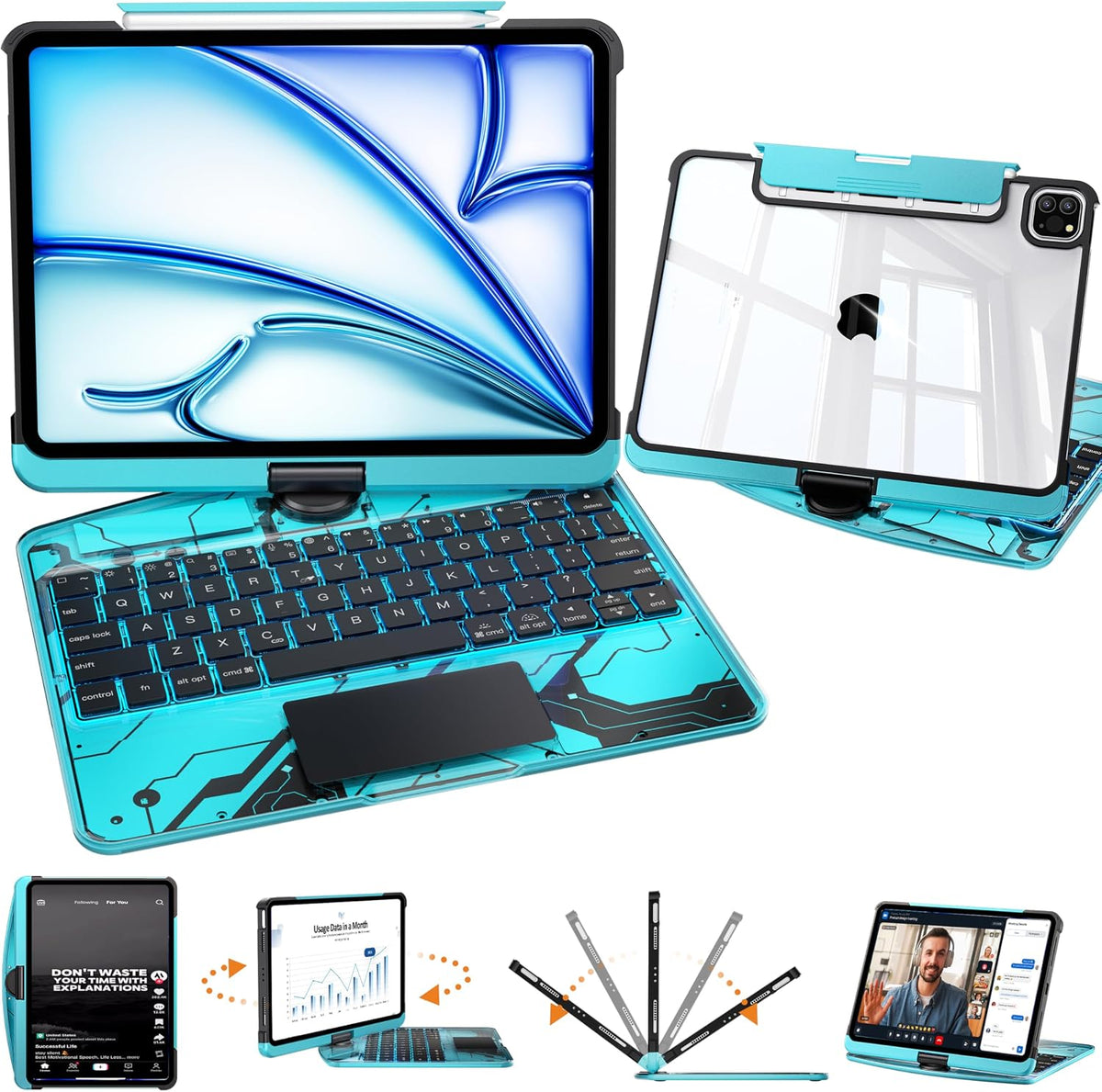 Clear Keyboard Case for iPad Air 11/10.9 & Pro 11,360 Rotation,Blue