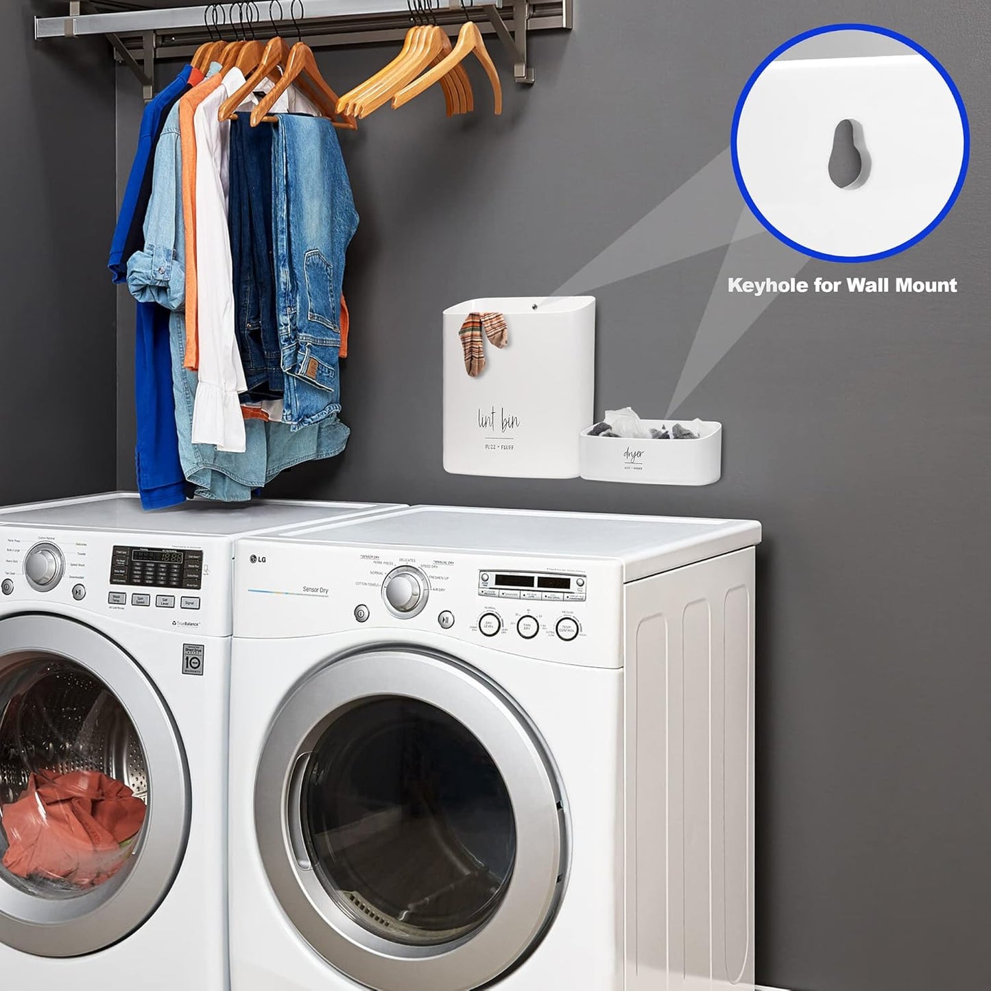 Magnetic Lint Bin for Laundry Room Organization and Storage (2 Piece Set), Waste Holder and Storage Decor, Saves Space with Magnet Mount onto Dryer or Wall Mount Options