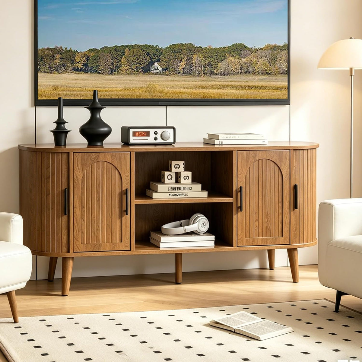 51"Fluted TV Stand for Tvs up to 60" Entertainment Center with Open Storage