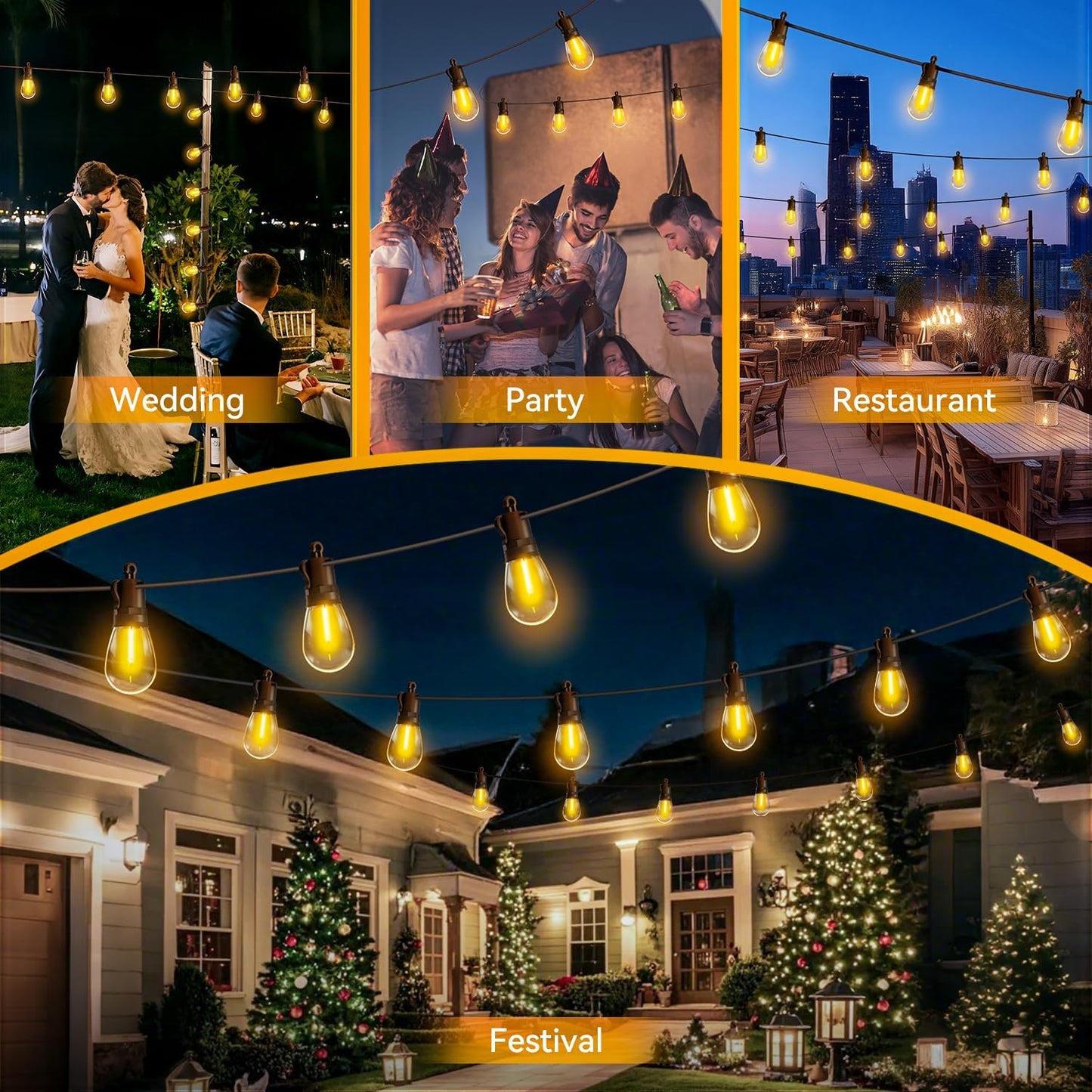 Outdoor String Lights Patio LED - Light Outside 50Ft 15M Waterproof Remote Dimmable S14 Porch Lighting Edison Plastic Bulb Pergola Hanging Balcony Connectable Backyard Yard Gazebo Party Garden Bistro