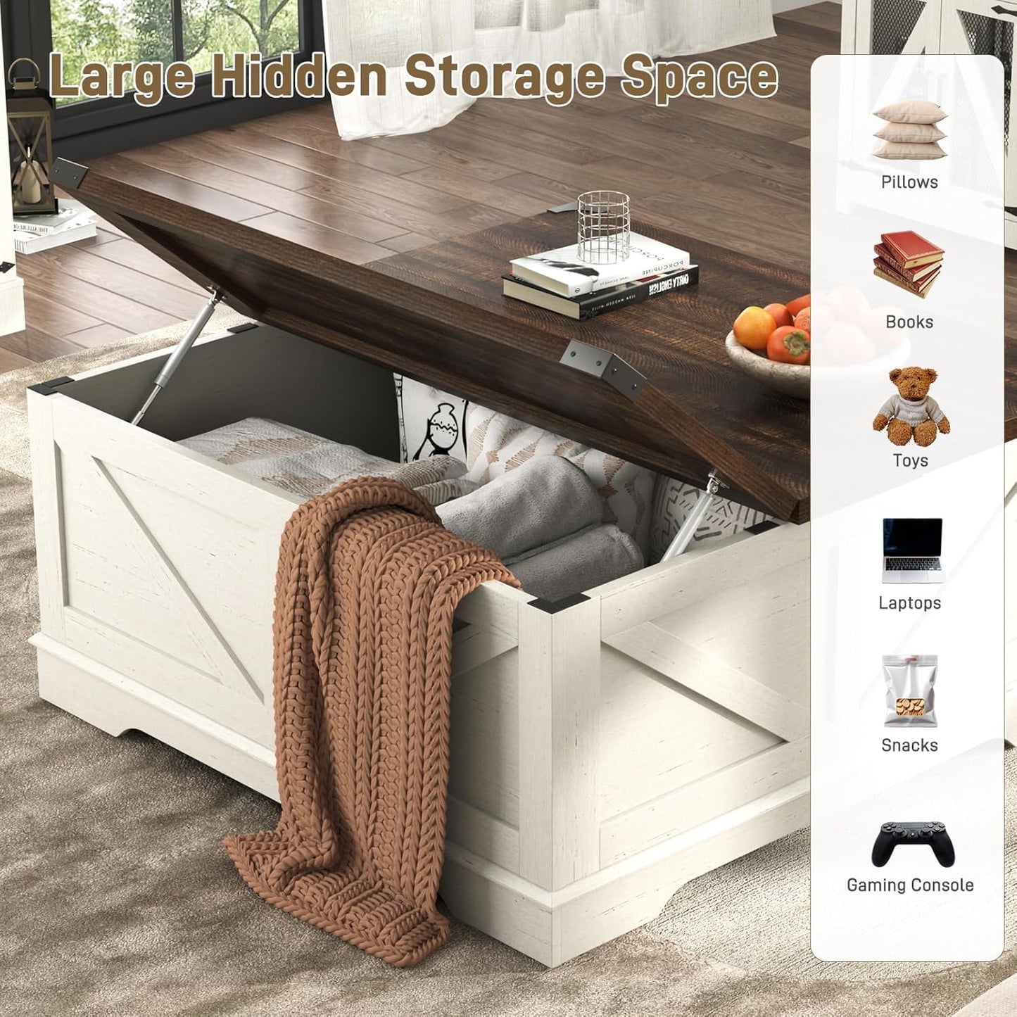 Hlivelood 40” Large Farmhouse Lift Top Coffee Table with Power Outlets and Large Hidden Storage, Square Wood Living Room Tables, Multi-Function Lift Wooden Barn Door Center Table, Rustic White