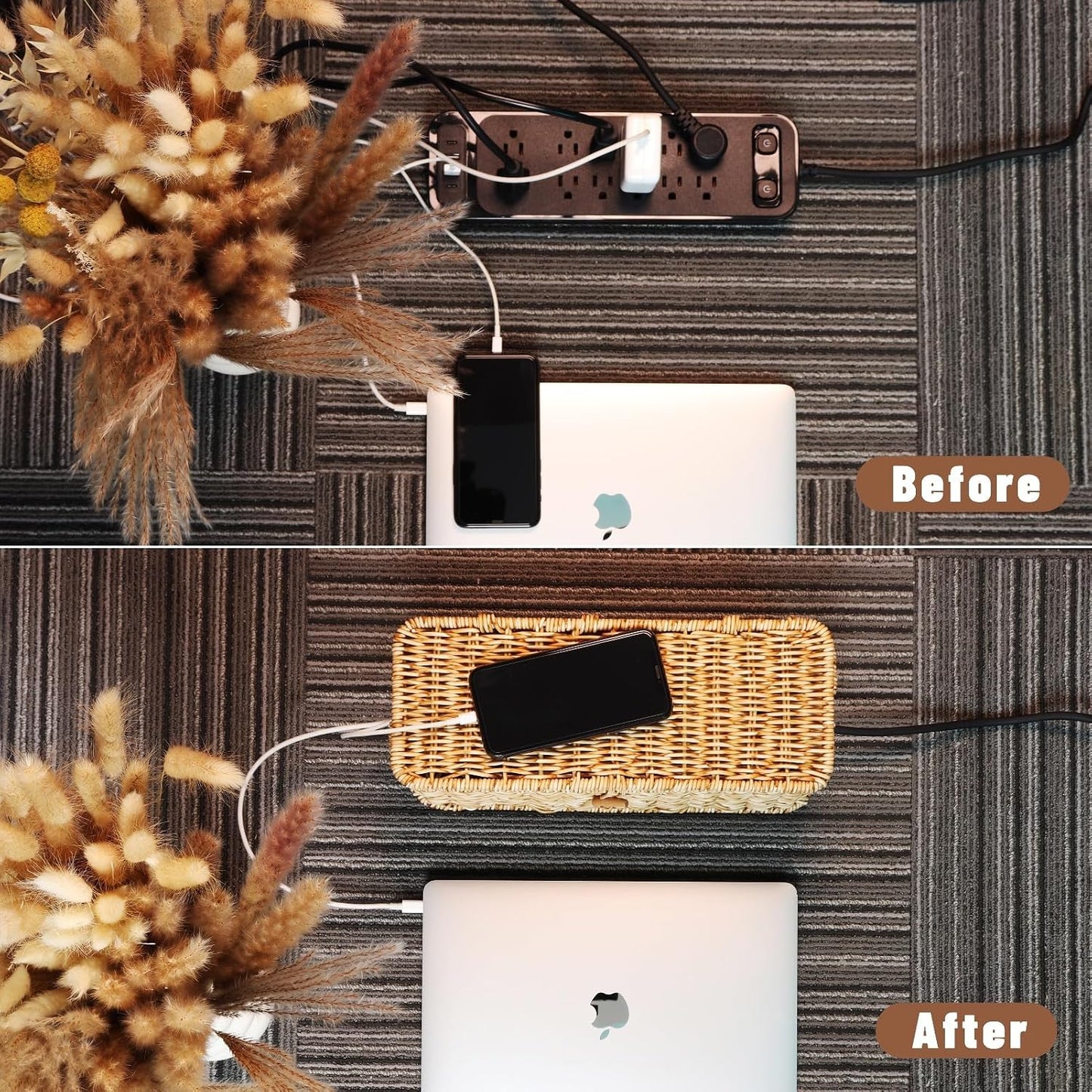 Cable Management Box, Cord Organizer with Lid & Cable Ties - Natural Set | Handmade Open Slots Cord Hider Outlet Covers for Power Strip TV PC Router Charger Under Desk Storage