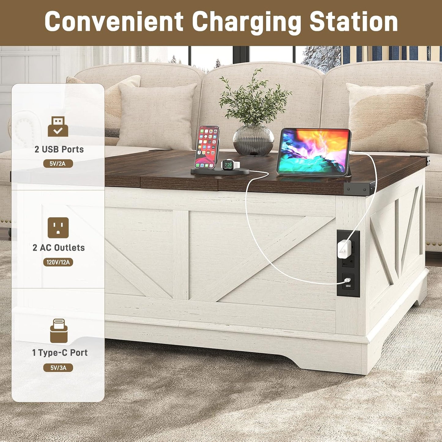 Hlivelood 40” Large Farmhouse Lift Top Coffee Table with Power Outlets and Large Hidden Storage, Square Wood Living Room Tables, Multi-Function Lift Wooden Barn Door Center Table, Rustic White