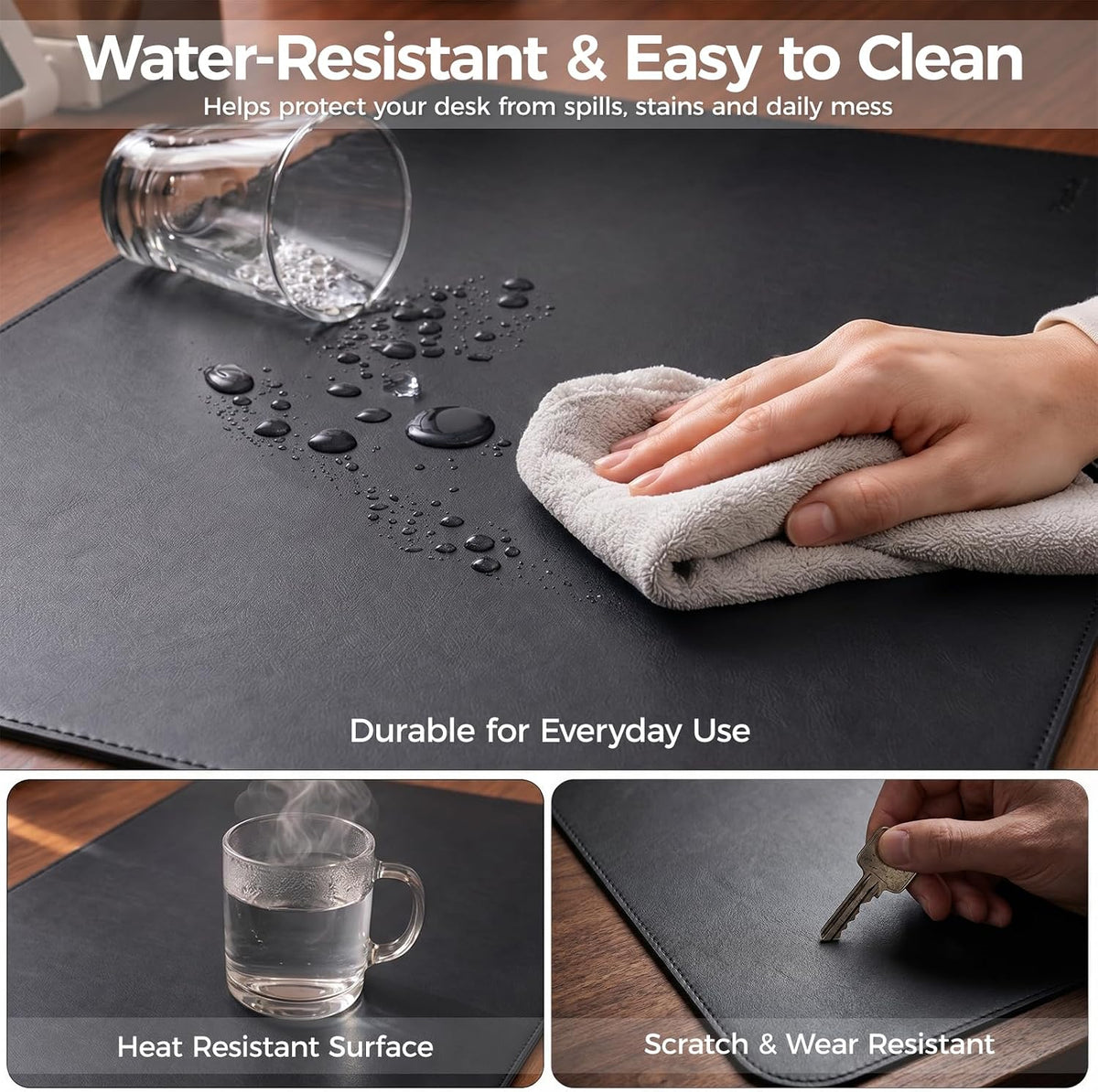 Large Desk Pad Non-Slip Desk Mat Protector for Keyboard Mouse Waterproof Vegan Leather Surface Faux Leather Laptop Mat Smooth Mouse Pad Premium Gift Tube Obsidian Black 31.5" x 15.7"