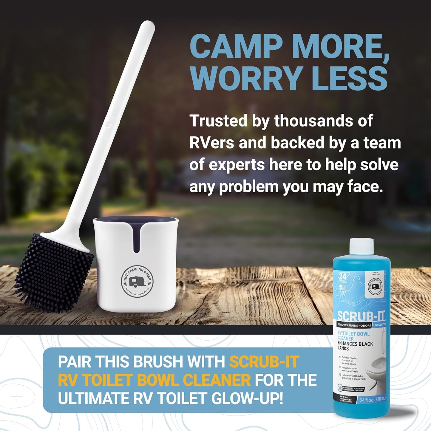 Unique Silicone RV Toilet Brush, Compact, Won't Damage Toilets or Seals, Wall-Mount No-Drip Holder