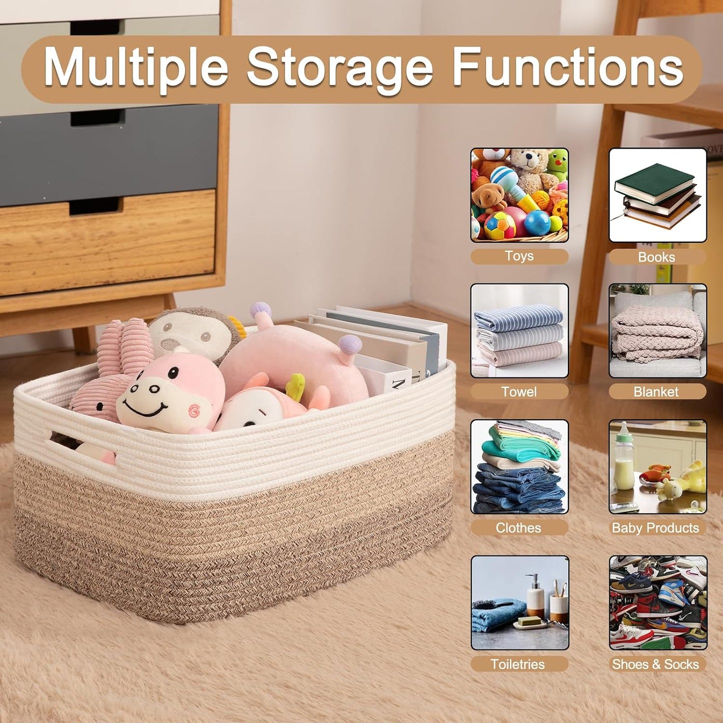 OIASKET Large Storage Basket for Organizing, Woven Rope Basket for Shelves, Closet Organizer Bins for Clothes, Blanket, Toys, Baby Nursery Storage, 17.7" x 13" x 7.87", 3 Packs Gradient Yellow