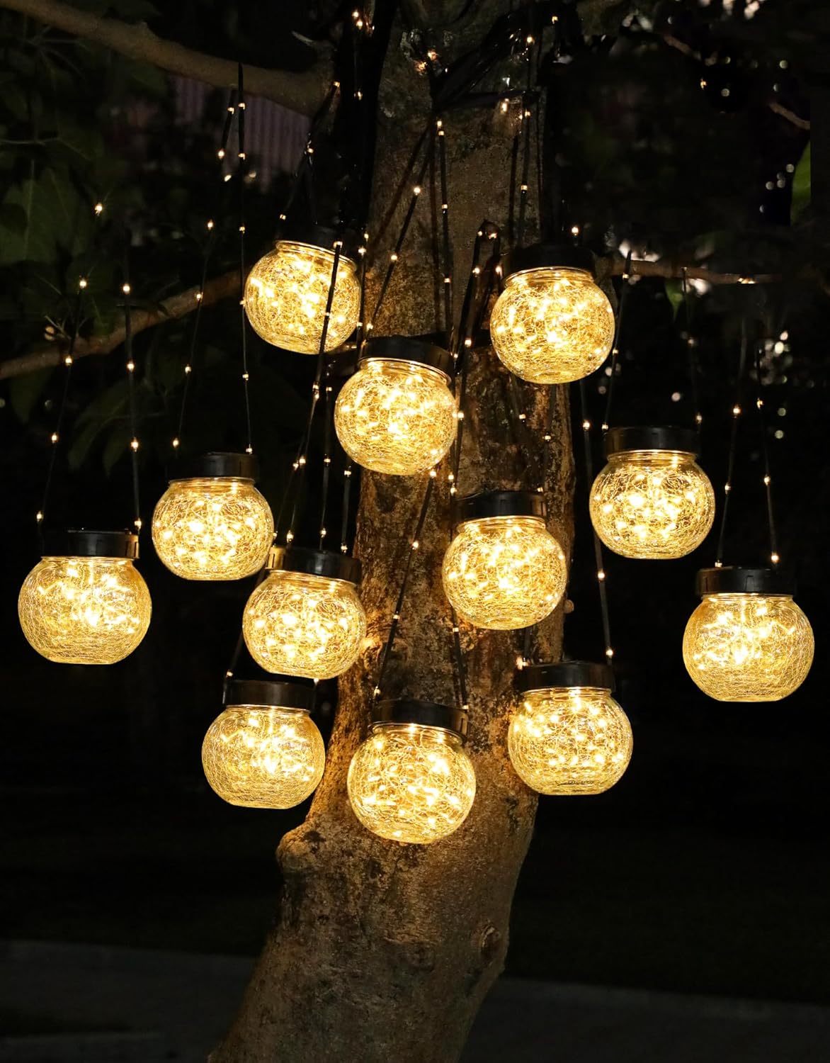 PARTPHONER Solar Lights Outdoor Waterproof 12-Pack, Solar Powered Hanging Lantern Cracked Glass Hanging Globes for Yard Decor Christmas Decoration, Shepherd Hook, Garden Tree Ornaments, Warm White