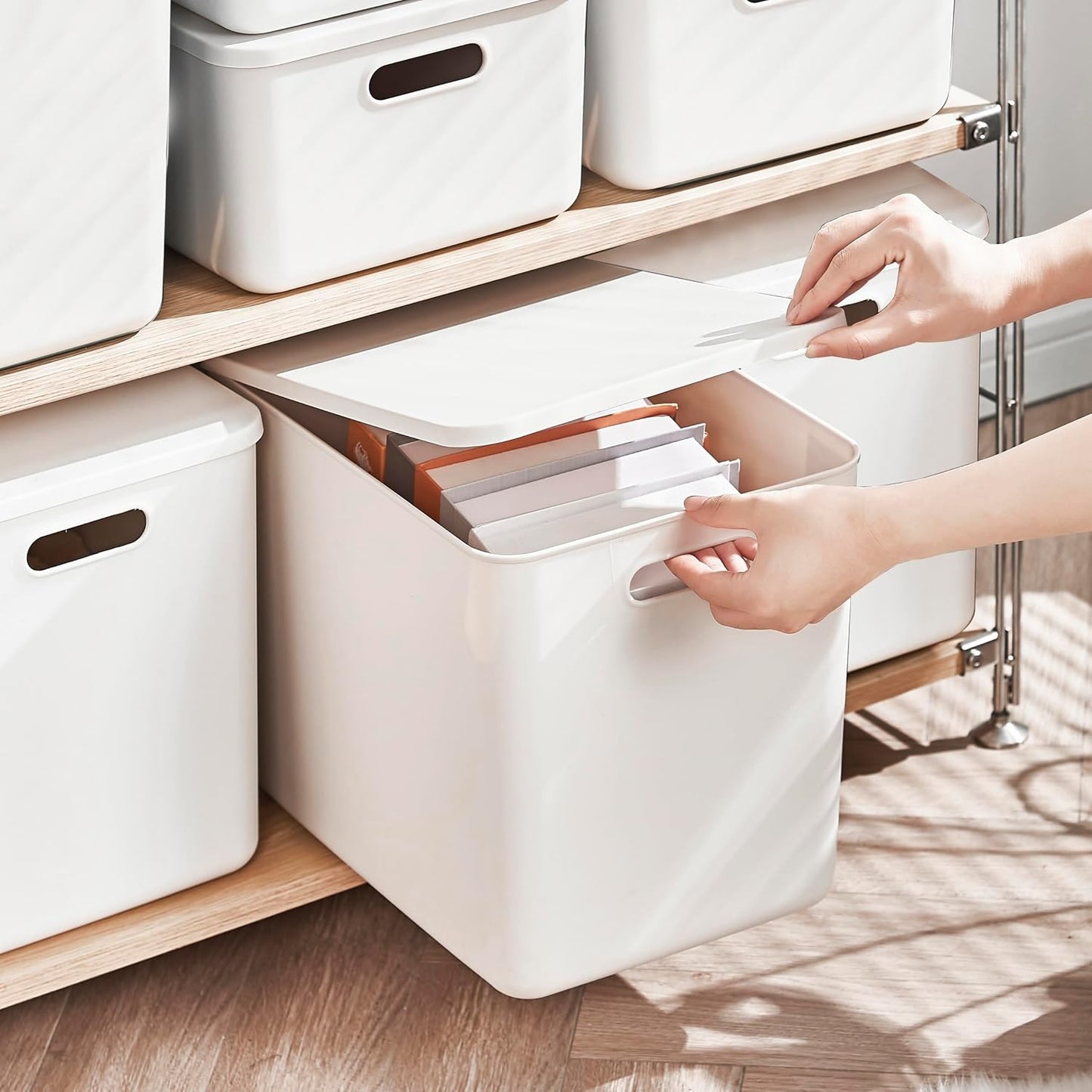 5 pack large plastic White storage bins with Lids, Toy Box Chest with Handle，Organizer Containers Baskets for Baby,Nursery，Shelves，Playroom, Bedroom，Office,Closet，home (White, 5L)