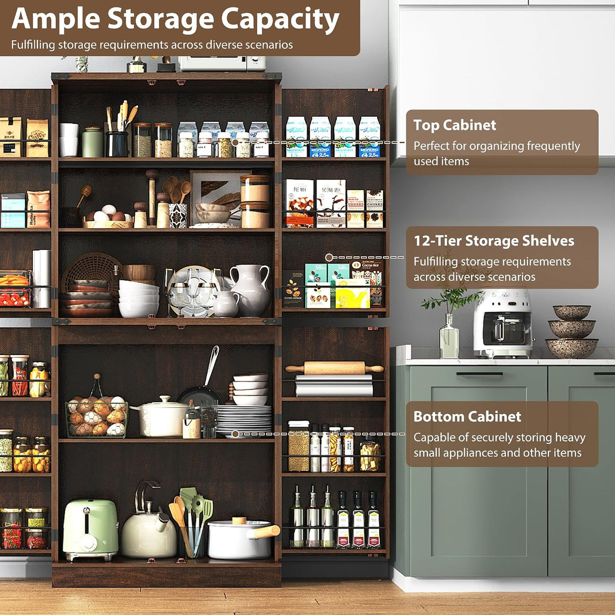 71" Tall Kitchen Pantry Cabinet, Farmhouse Tall Kitchen Storage Cabinet with Adjustable Shelves & 4 Barn Style Doors, Wooden Storage Cabinet for Kitchen, Dining Room, Living Room, Bathroom, Office