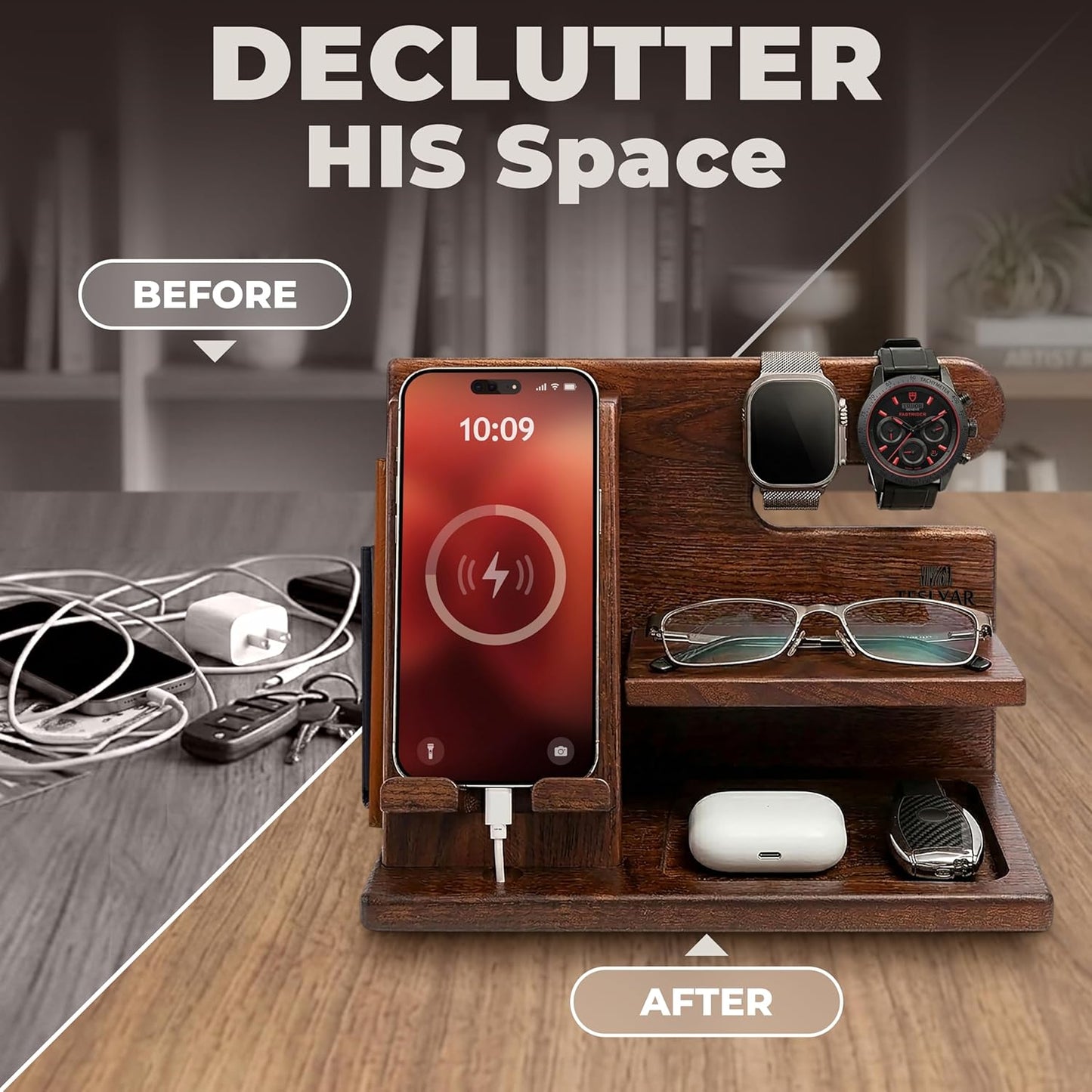 TESLYAR Wood Phone Docking Station for Men - Desktop or Nightstand Organizer - Birthday Gifts for Men, Dad - Anniversary Idea from Wife - Key Holder, Stand Wallet, Watch & Essentials (Bourbon Brown)