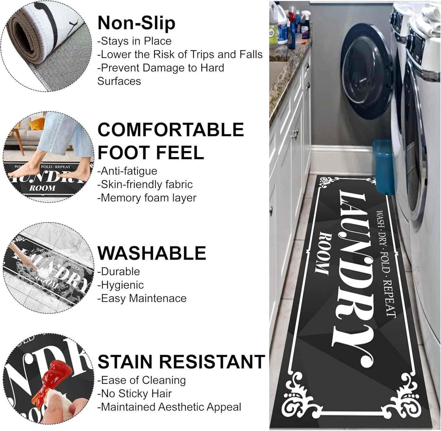 Laundry Room Rug: 17"X60" Non-Slip Washable Runner Rug, Rolled-up – NO Creases, Laundry Room Decor and Accessories, Text Design Laundry Mat - Area Rug for Farmhouse Kitchen Living Room Hallway