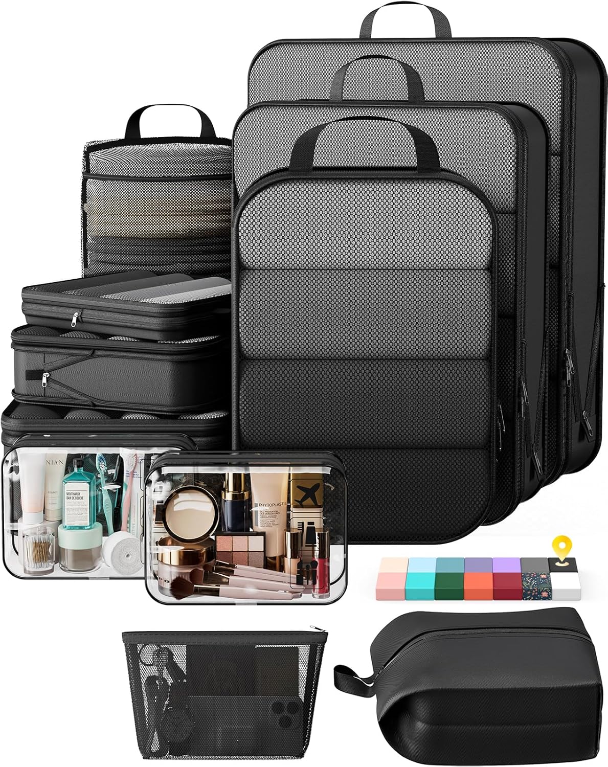 Veken 11 Set Compression Packing Cubes for Travel Essentials,Compressible Expandable Large Luggage Suitcase Organizer Bags for Clothing,Durable Space Saver Storage Bags with Toiletry Bags(Black)