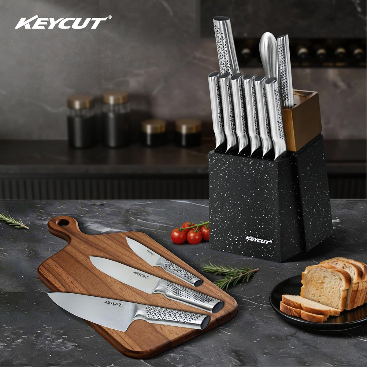 KEYCUT 13 PCS Knife Set with Block, Upgraded 5Cr15Mov High Carbon Stainless Steel Kitchen Knife Sets with Block and Sharpener, Ergonomic Full-Tang Handle, Professional Kitchen Knife Set