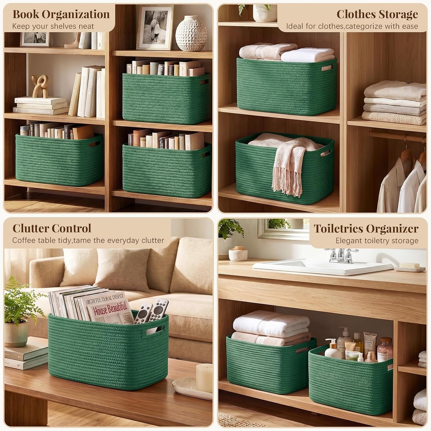 OIASKET 4Packs Natural Cotton Rope Storage Baskets for Organizing Toys, Clothes, Towels & Books, Soft Versatile Organizers for Shelves, Home Decorative Bins, 13''Lx9''Wx7.8''H, Green