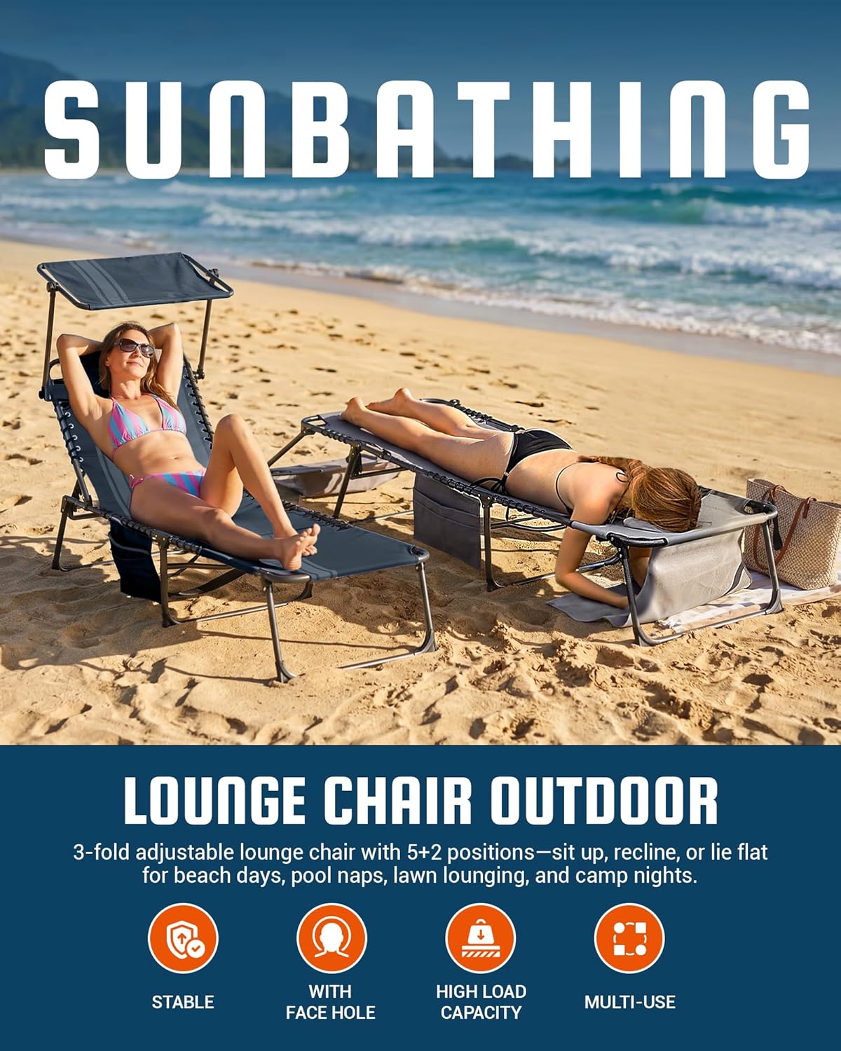 KingCamp Lounge Chair with face Hole & Canopy Shade, 400LBS Folding Portable Tanning Chair with face Hole, Adjustable 5-Position Foldable Beach Sun Tanning Chair for Outside Beach Patio Outdoor Pool