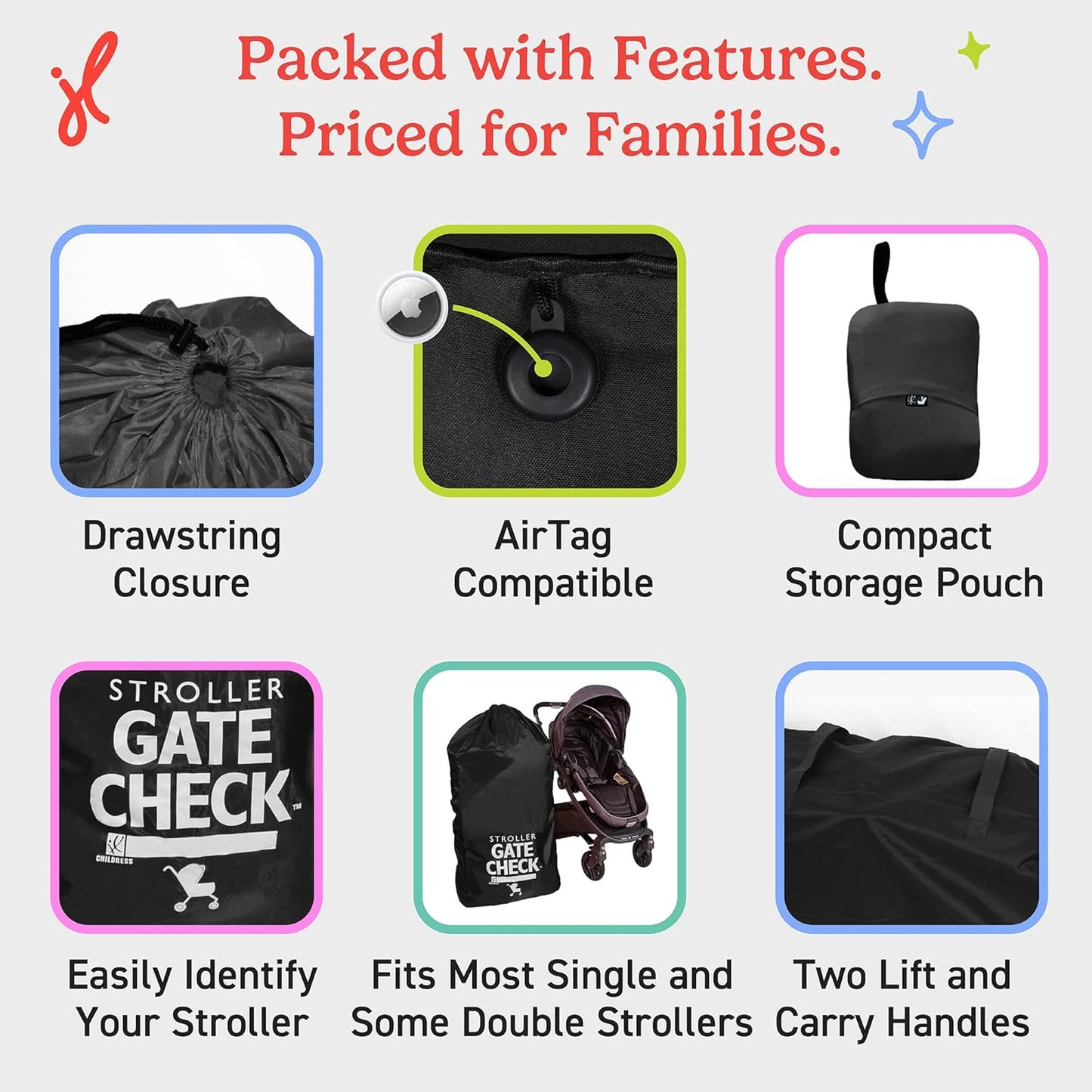 J.L. Childress Gate Check Bag for Single & Some Double Strollers - Travel Bag for Airplane, Fits Most Standard Baby Strollers, Airport Accessories Gate Check, Flying Essentials - Black